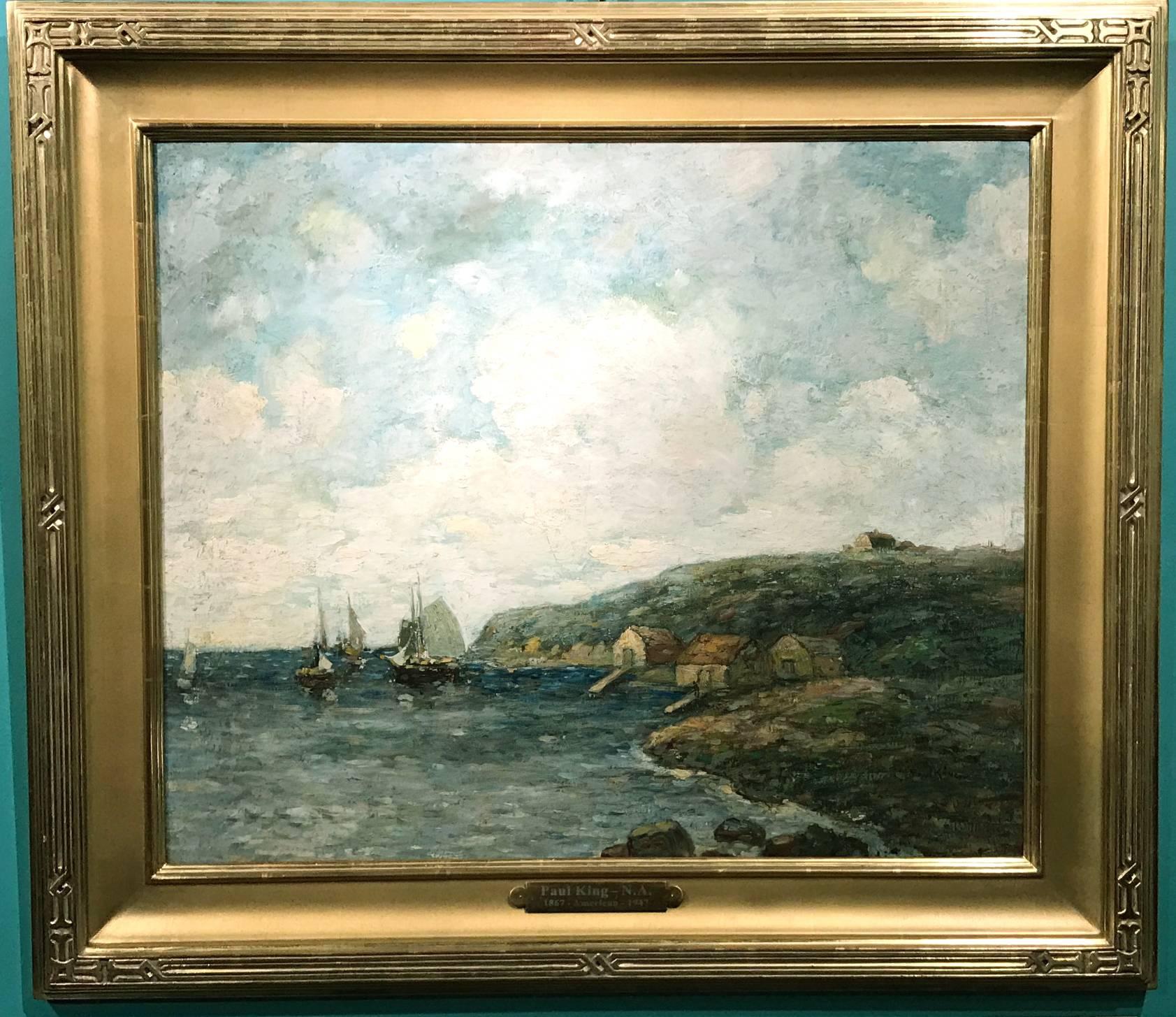 This wonderful impressionist coastal marine painting of a harbor scene was done by American artist Paul Bernard King (1867-1947). King was born in Buffalo, New York, and after becoming an established printer, went on to study at the NY Art Students