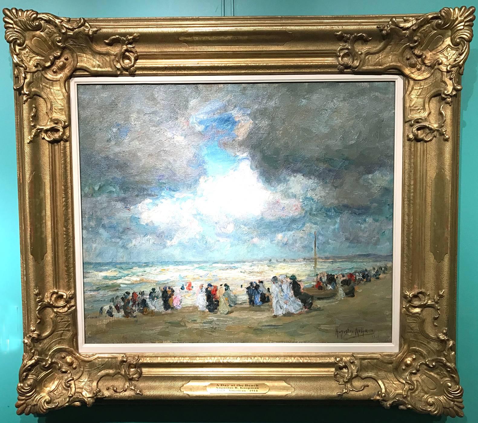 Cette peinture à l'huile impressionniste représentant des personnages le long de la plage a été réalisée par l'artiste américain Augustus B. Koopman (1869-1914). Koopman est né à Charlotte:: en Caroline du Nord:: et a passé une grande partie de sa