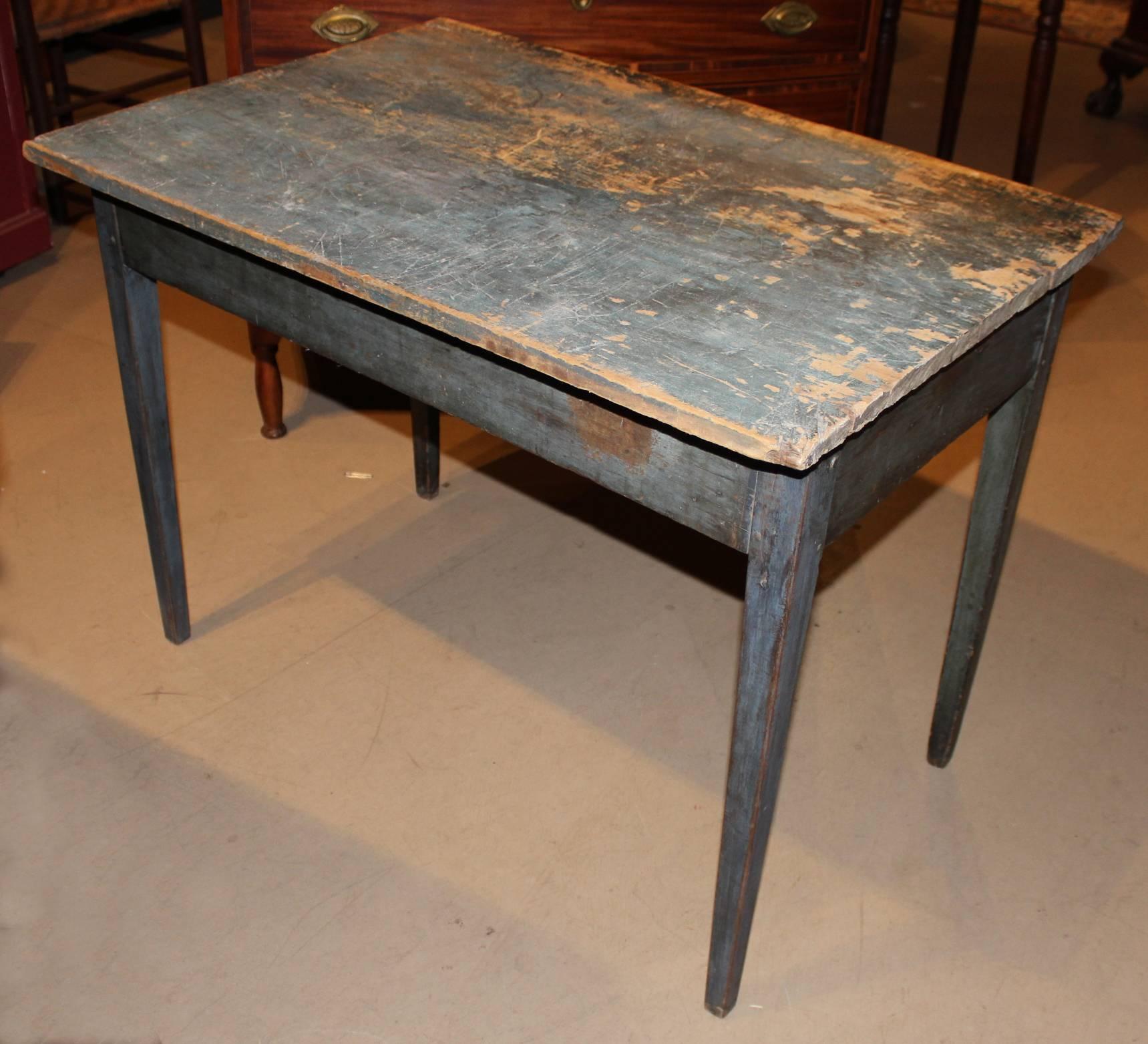 Painted Early 19th Century American Pine Work Table in Old Blue Paint
