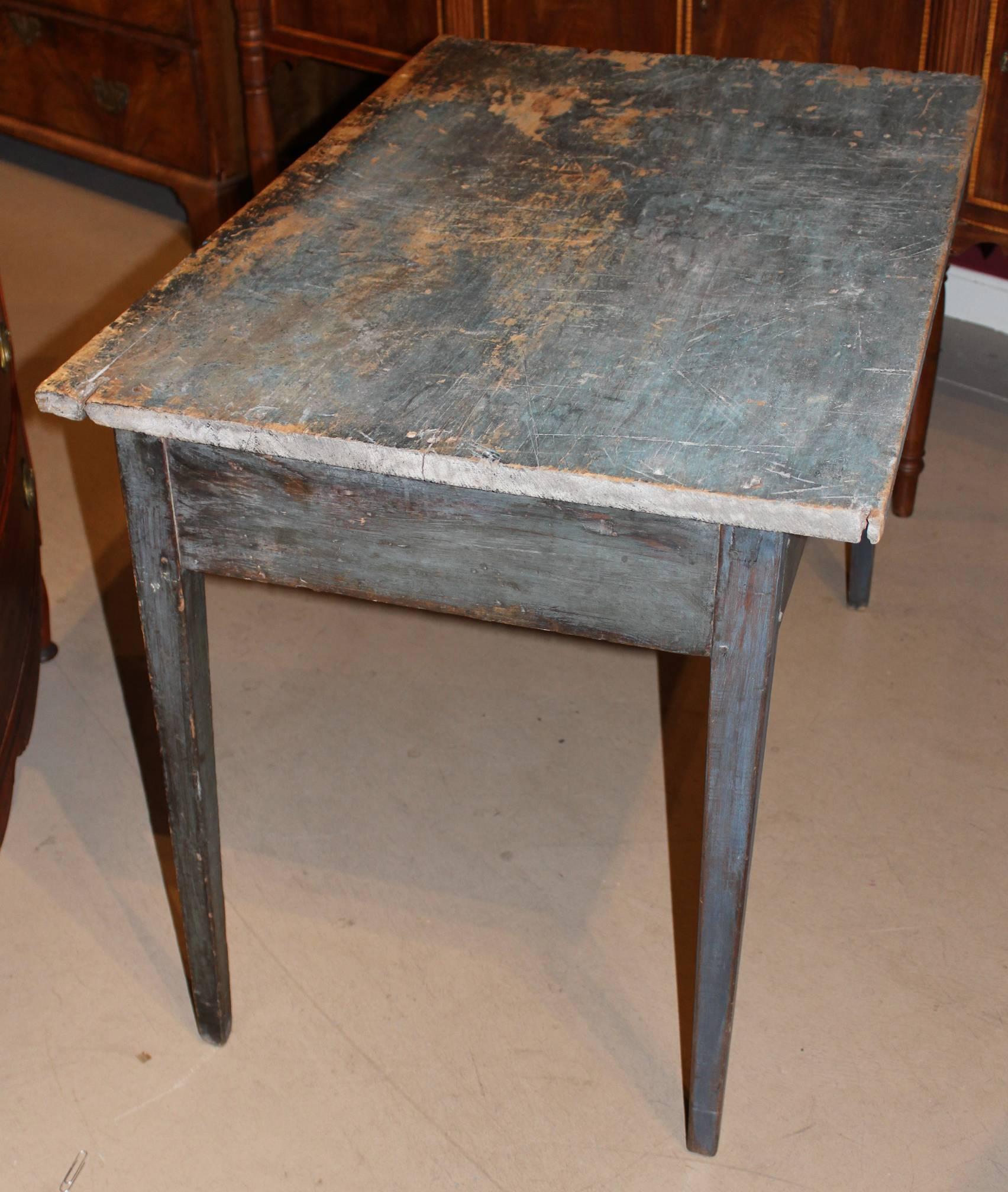 Early 19th Century American Pine Work Table in Old Blue Paint 1