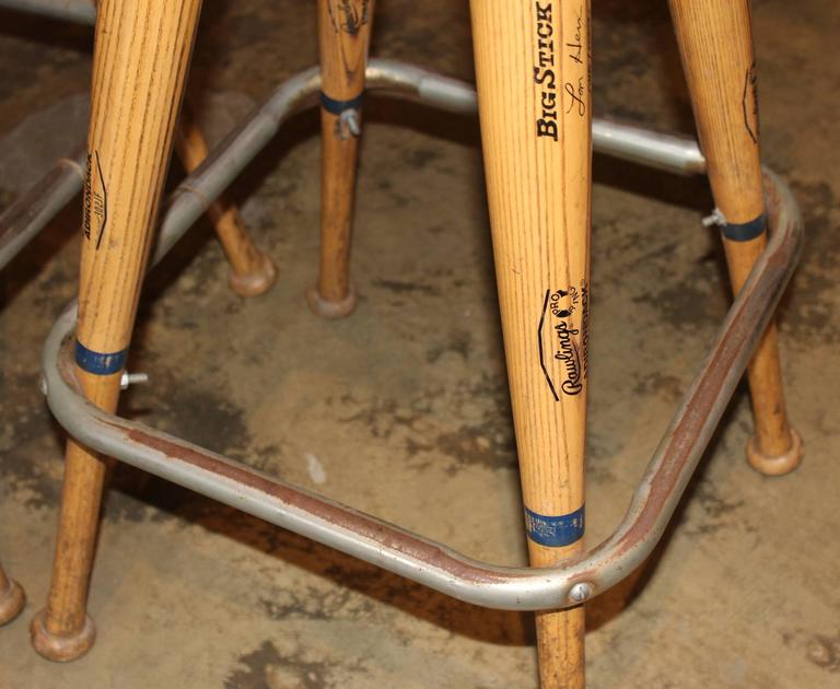 Pair Of Custom Baseball Bat Bar Stools With Base Seat Cushions At