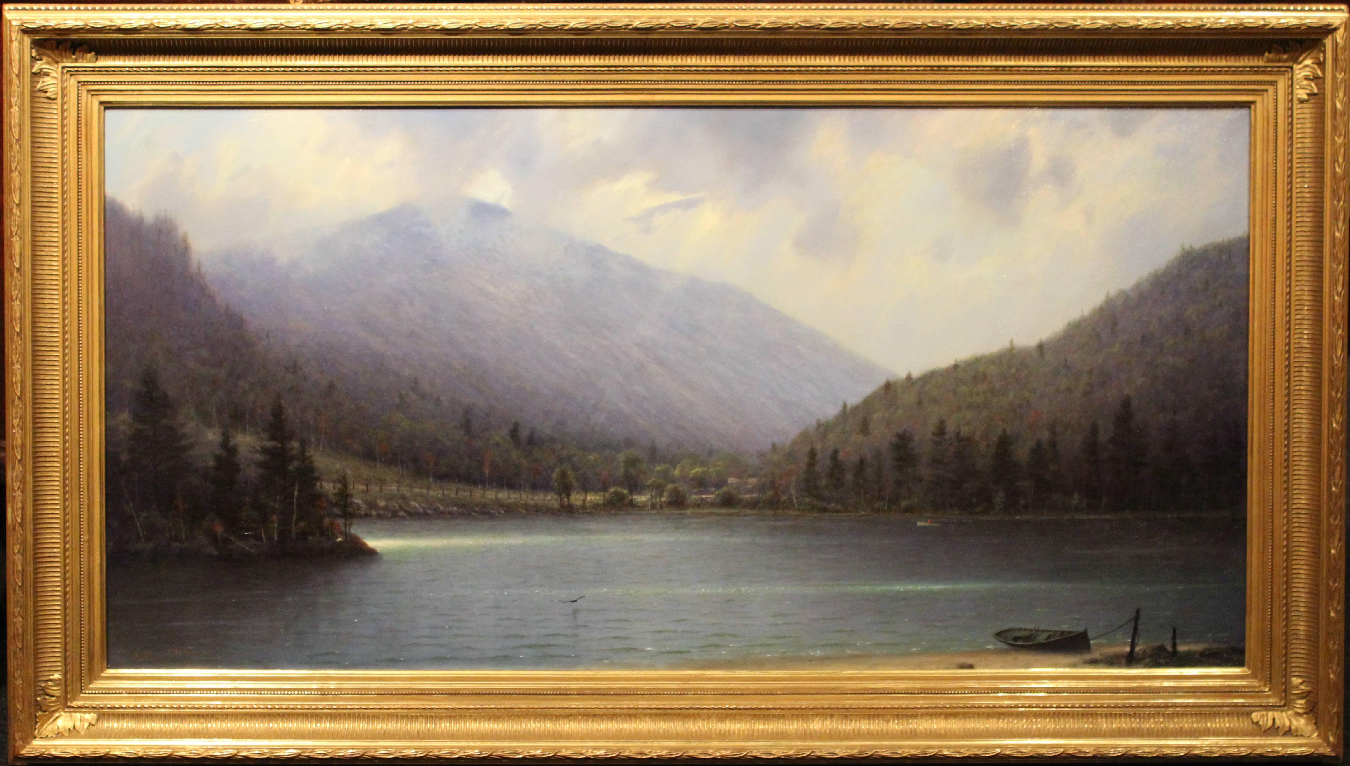 This wonderful White Mountain New Hampshire landscape painting was done by contemporary American artist William R. Davis (1952-). Davis was born in Somerville, Massachusetts, grew up in Hyannis Port, MA and became well-known in New England and