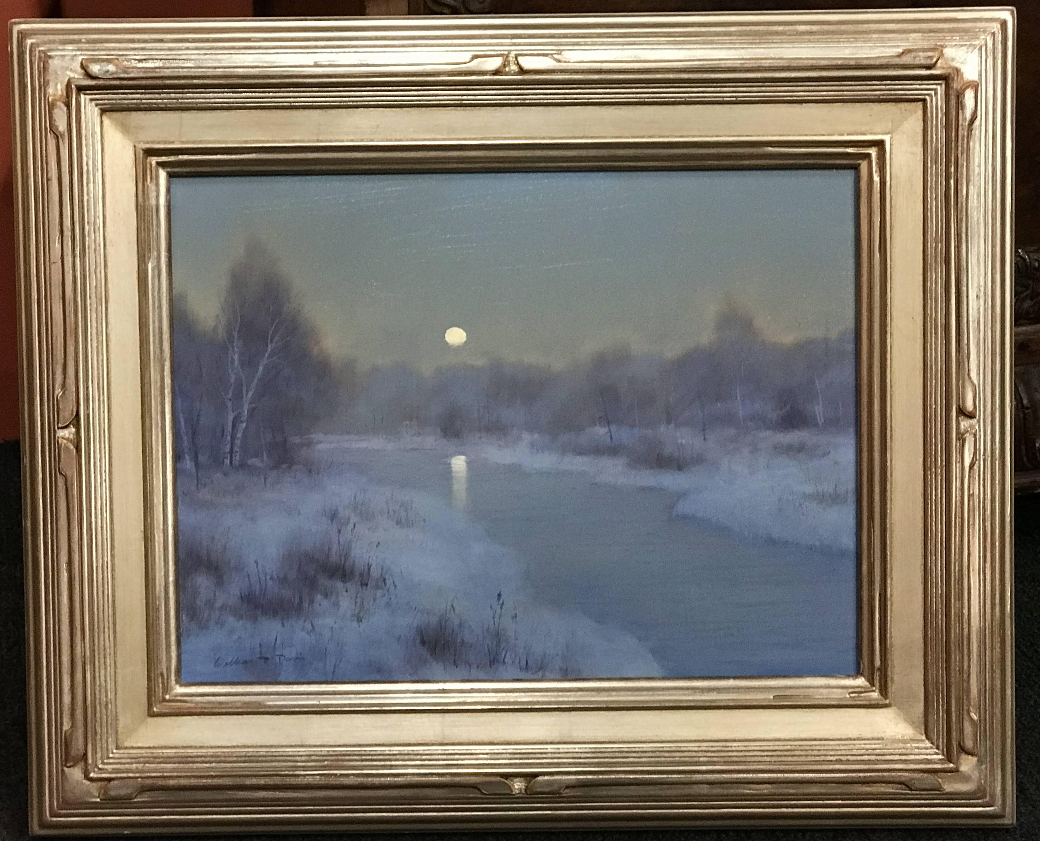 This tonalist winter landscape oil painting was painted by American artist William R. Davis (1952). Davis was born in Somerville, Massachusetts, grew up in Hyannis Port, MA and became well-known in New England and across the country as a self-taught
