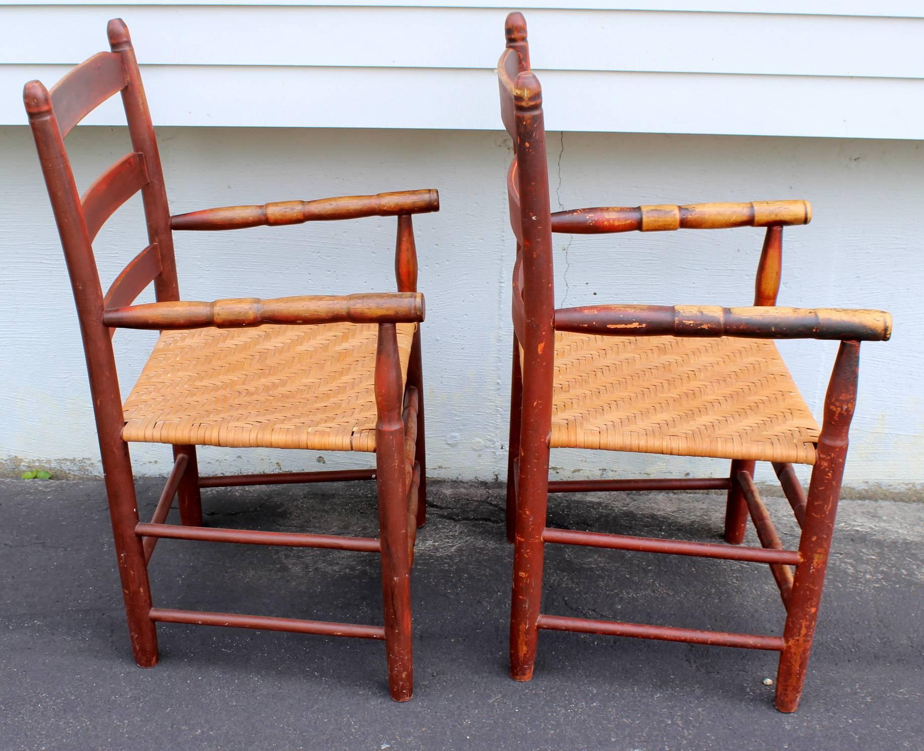 Pair of 19th Century Ladder Back Armchairs with Split Ash Seats In Good Condition In Milford, NH