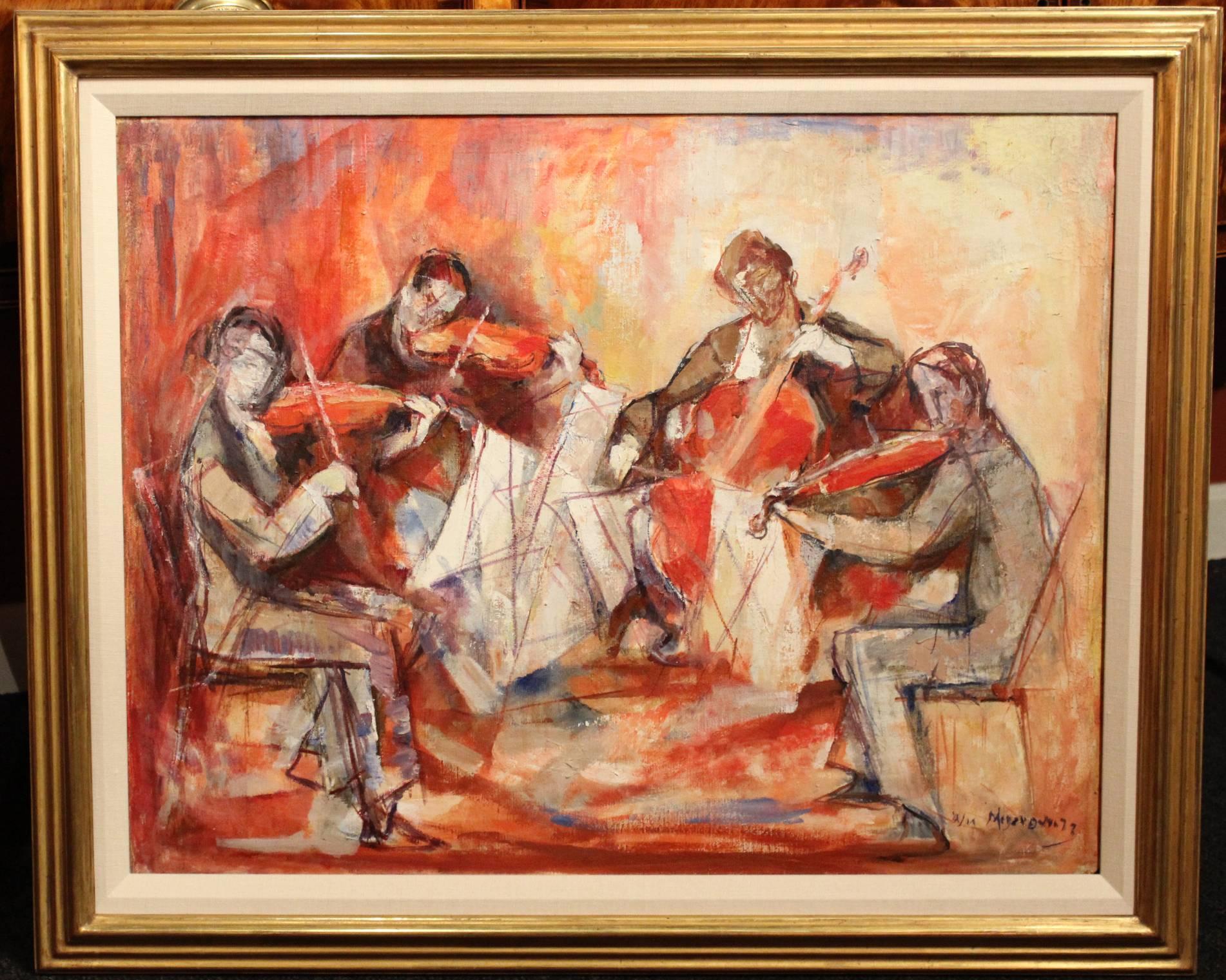 This modernist painting of a musical string quartet, including violins and a cello, was painted by Russian/ American artist William Meyerowitz (1887-1981). Meyerowitz was born in Esterinoslav, Ukraine and later moved to America, studying and working