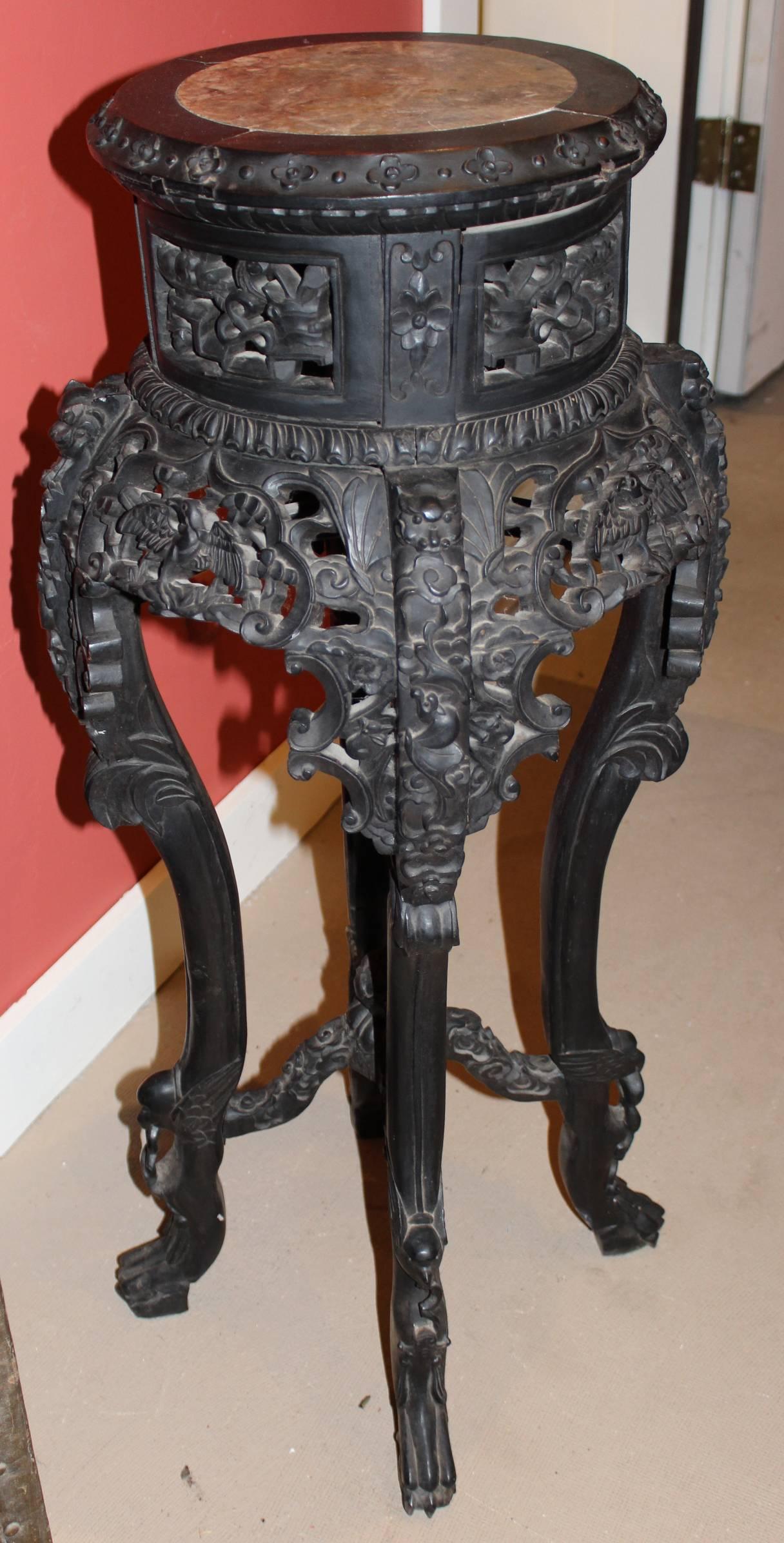 Marble Late 19th Century Chinese Carved Hardwood Stand or Pedestal