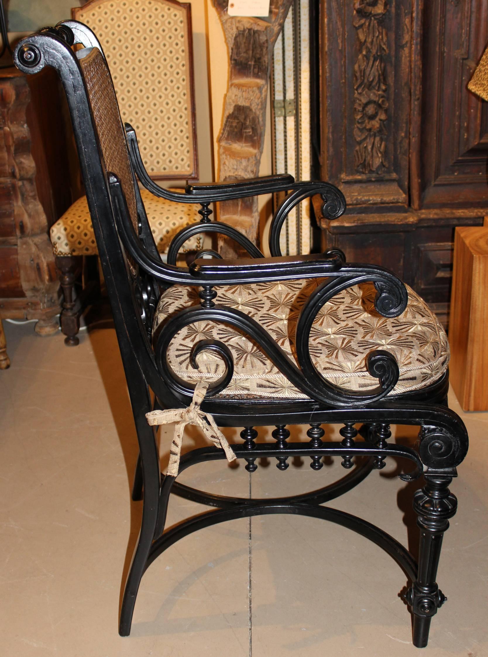 Anglo Raj Ebonized Bentwood Armchair with Caned Seat and Back In Good Condition In Milford, NH