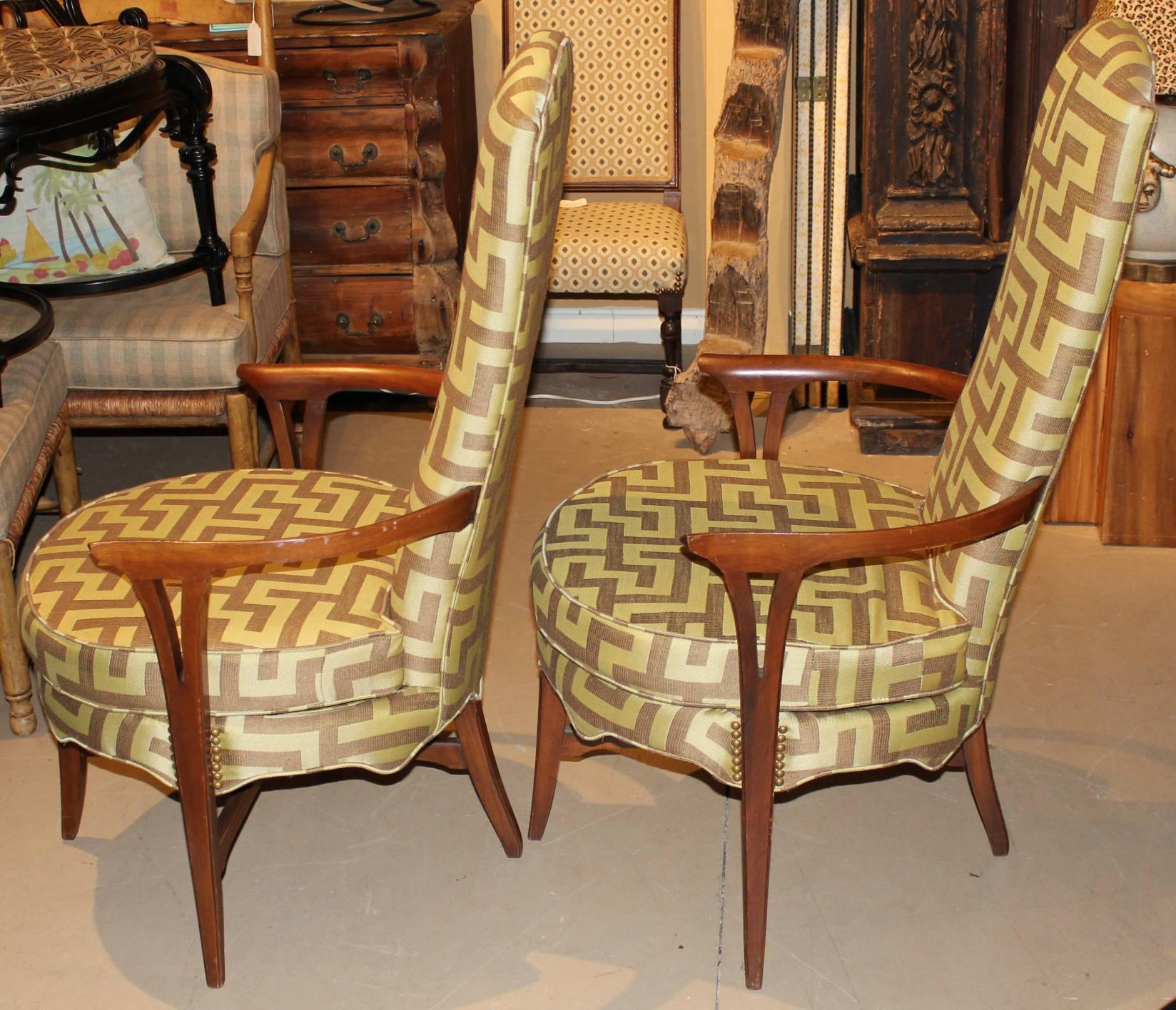 Hand-Carved Pair of Danish Mid-Century Modern High Back Round Upholstered Armchairs
