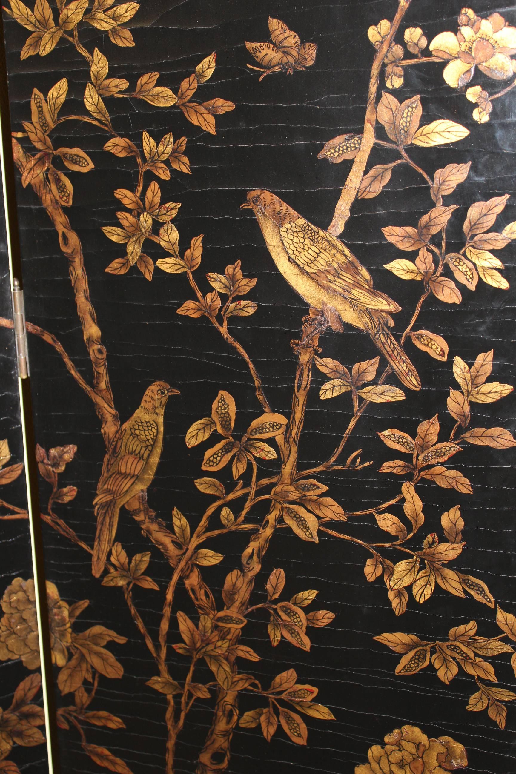 20th Century Chinese Black Lacquer and Gilt Decorated Four-Panel Screen