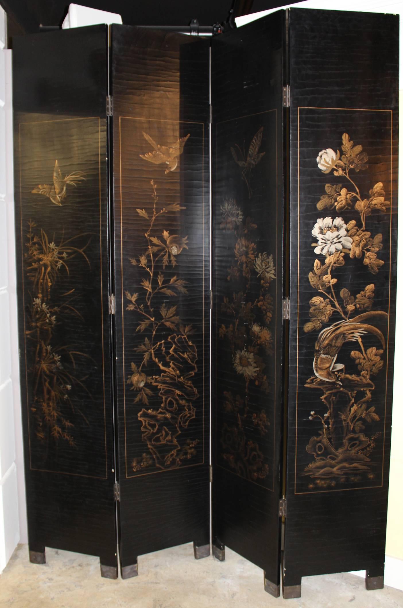 Chinese Black Lacquer and Gilt Decorated Four-Panel Screen 1