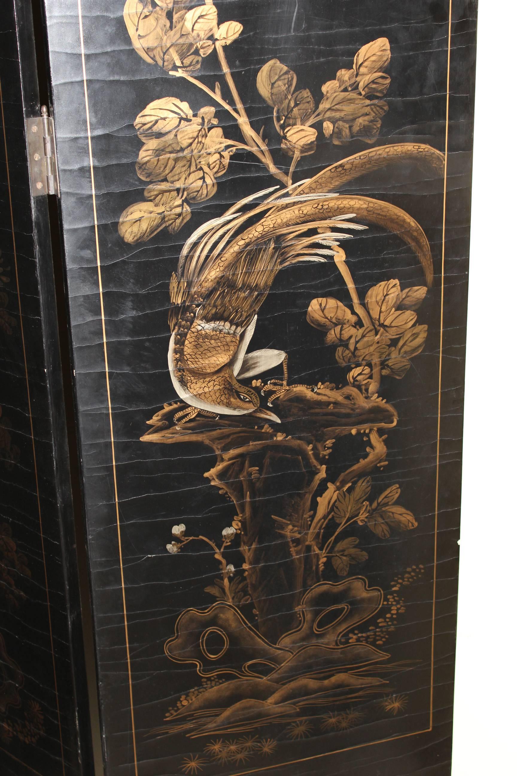 Chinese Black Lacquer and Gilt Decorated Four-Panel Screen 2
