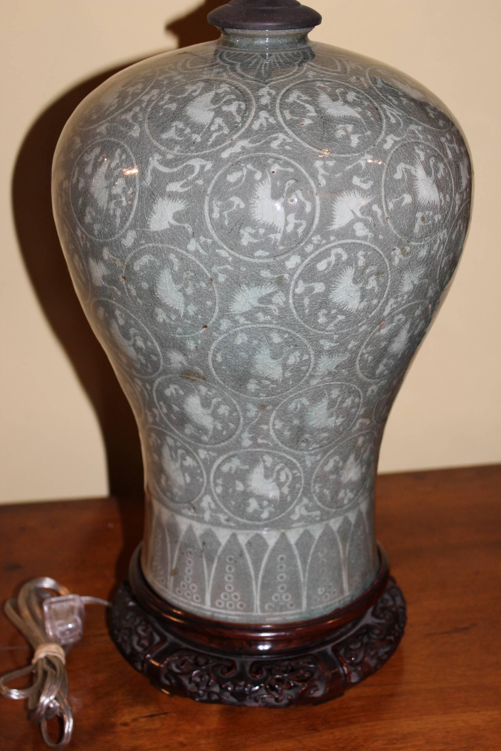 19th Century Korean Celadon Meiping Vase Lamp in Meiping Form 1