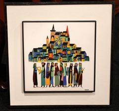 Joseph Trippetti Cloisonné Plaque of City with Abstract Figures