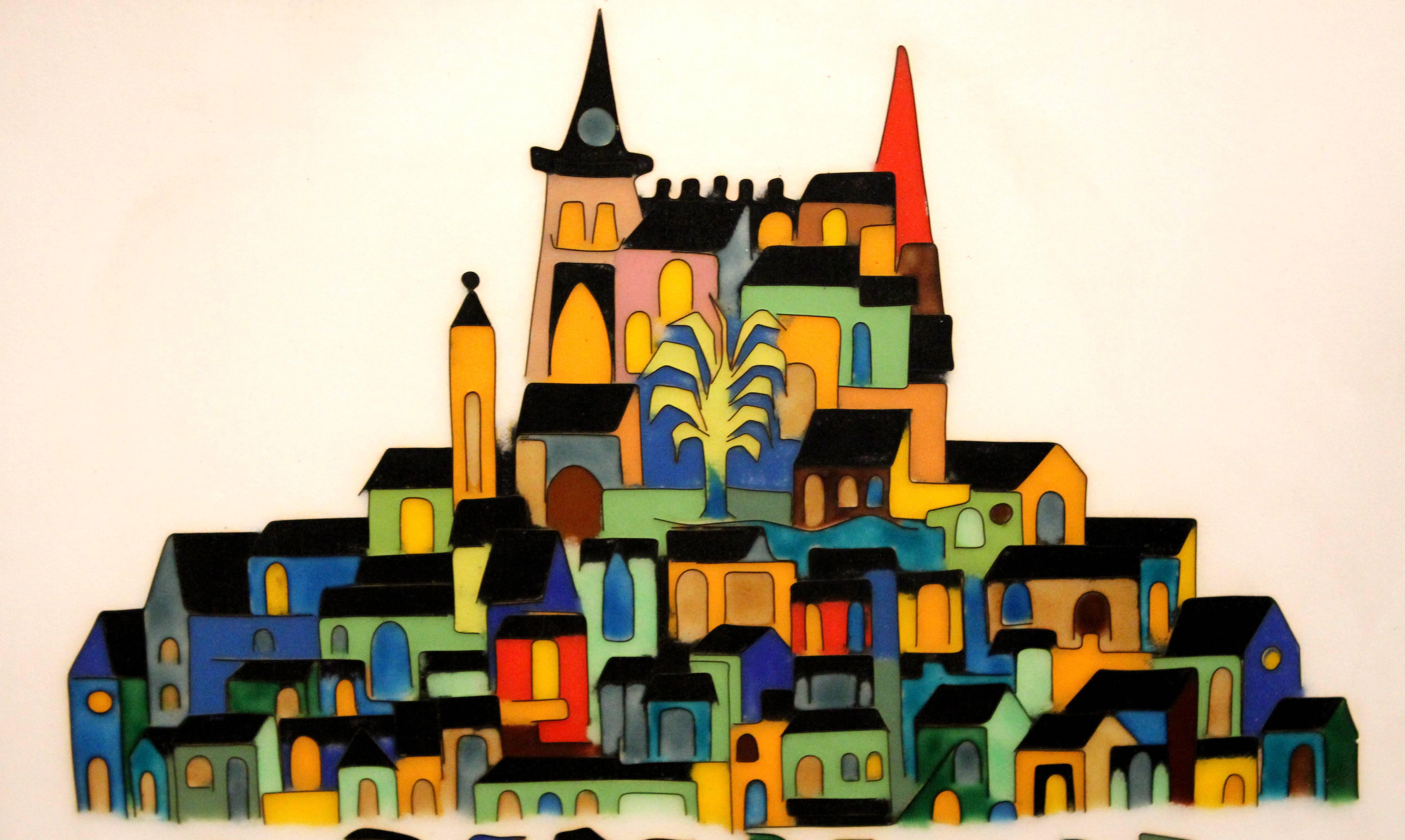 Modern Joseph Trippetti Cloisonné Plaque of City with Abstract Figures