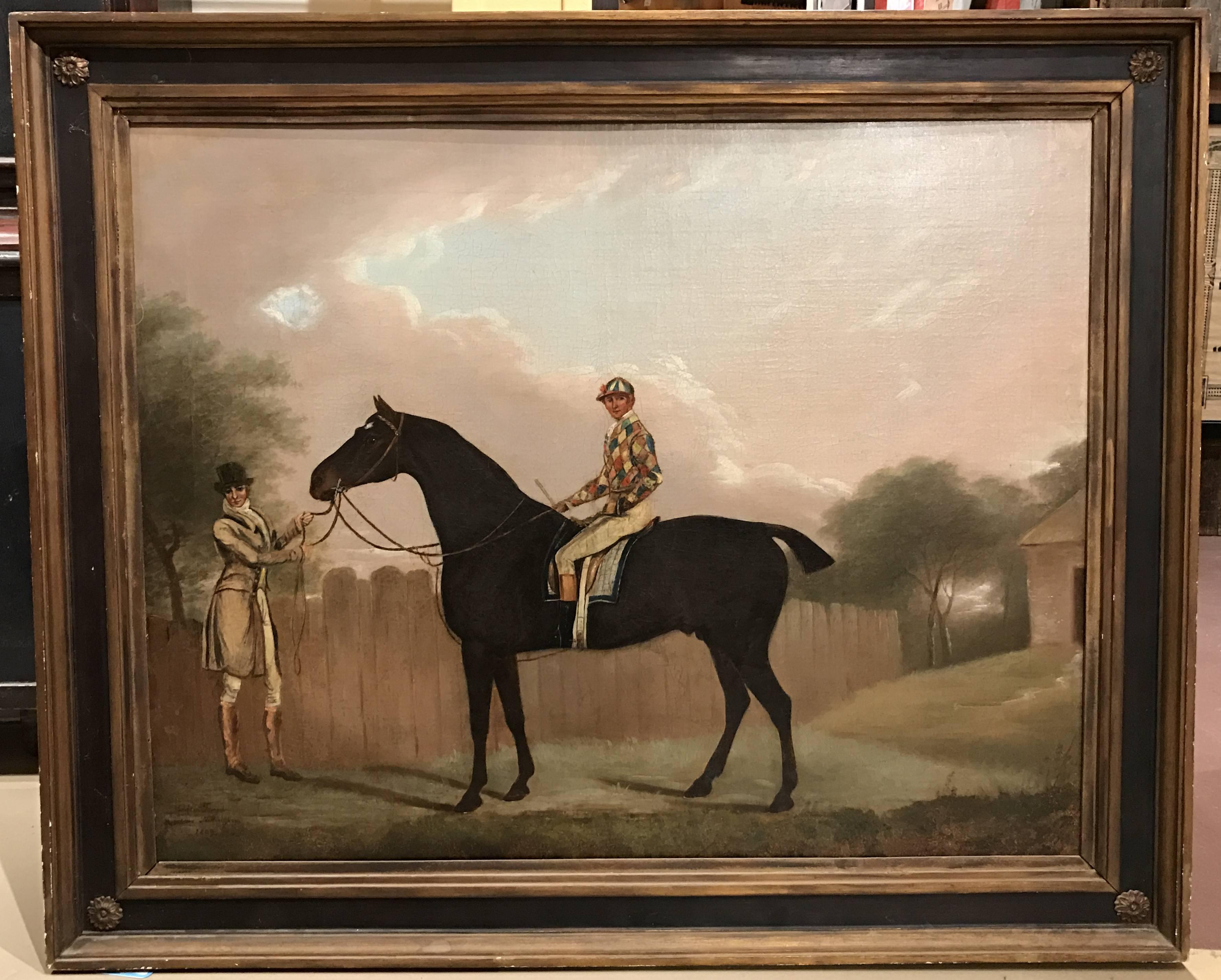 An exceptional oil painting of a race horse on derby day with his jockey and a gentleman by British artist Clifton Tomson (1775-1828). Tomson was born and raised in Nottingham, England, where he became known for his horse and animal paintings. Some