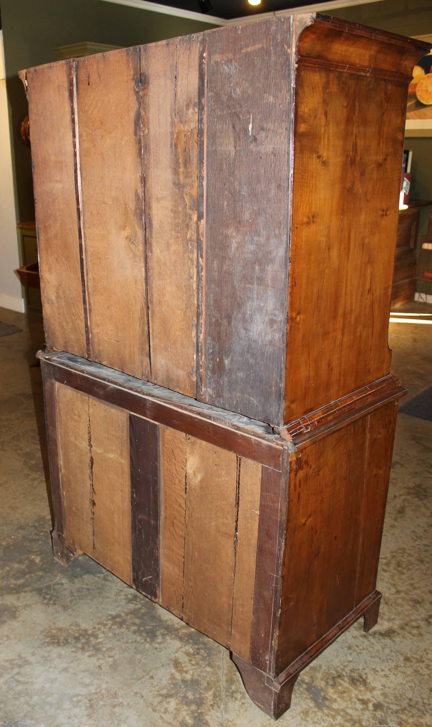 18th Century George II Burled Walnut Chest on Chest with Brushing Slide 2