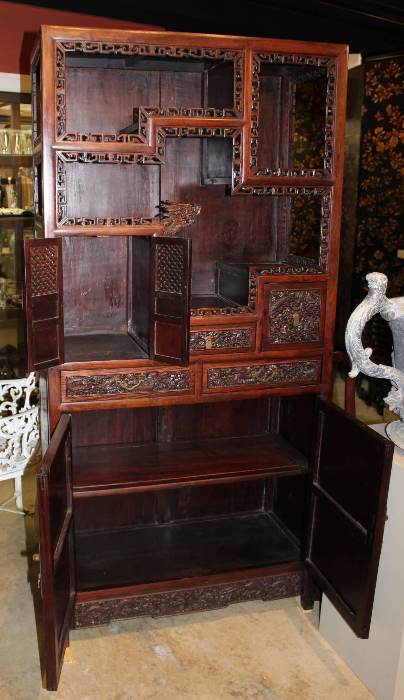 Pair of Carved Chinese Rosewood Etageres or Collectors Cabinets In Excellent Condition In Milford, NH