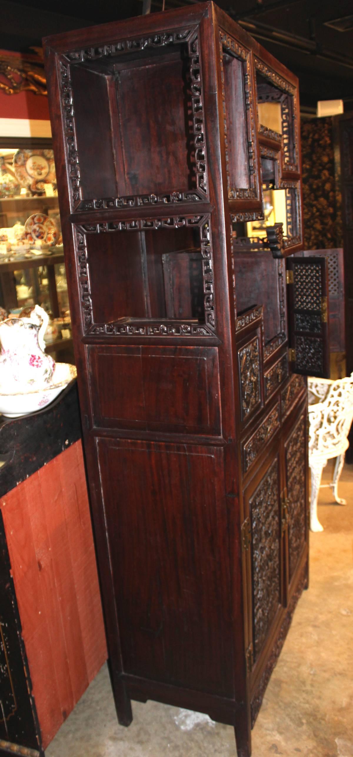 Pair of Carved Chinese Rosewood Etageres or Collectors Cabinets 2