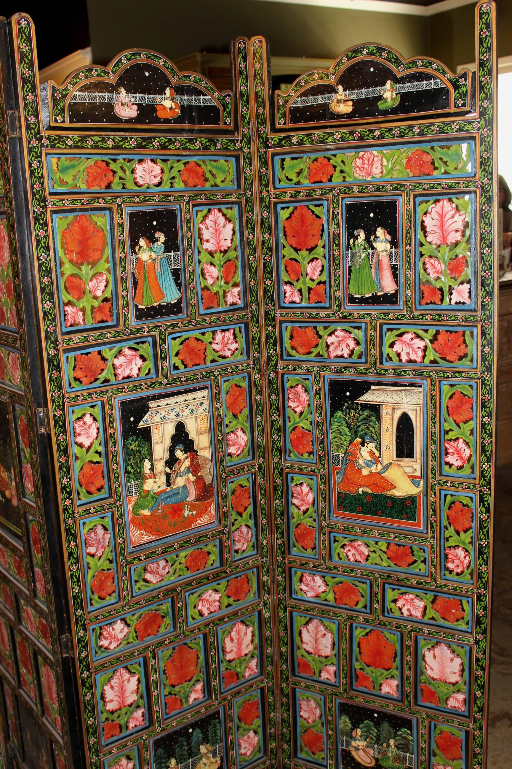 Four Panel Polychrome Hand-Painted Indian Dressing Screen In Good Condition In Milford, NH