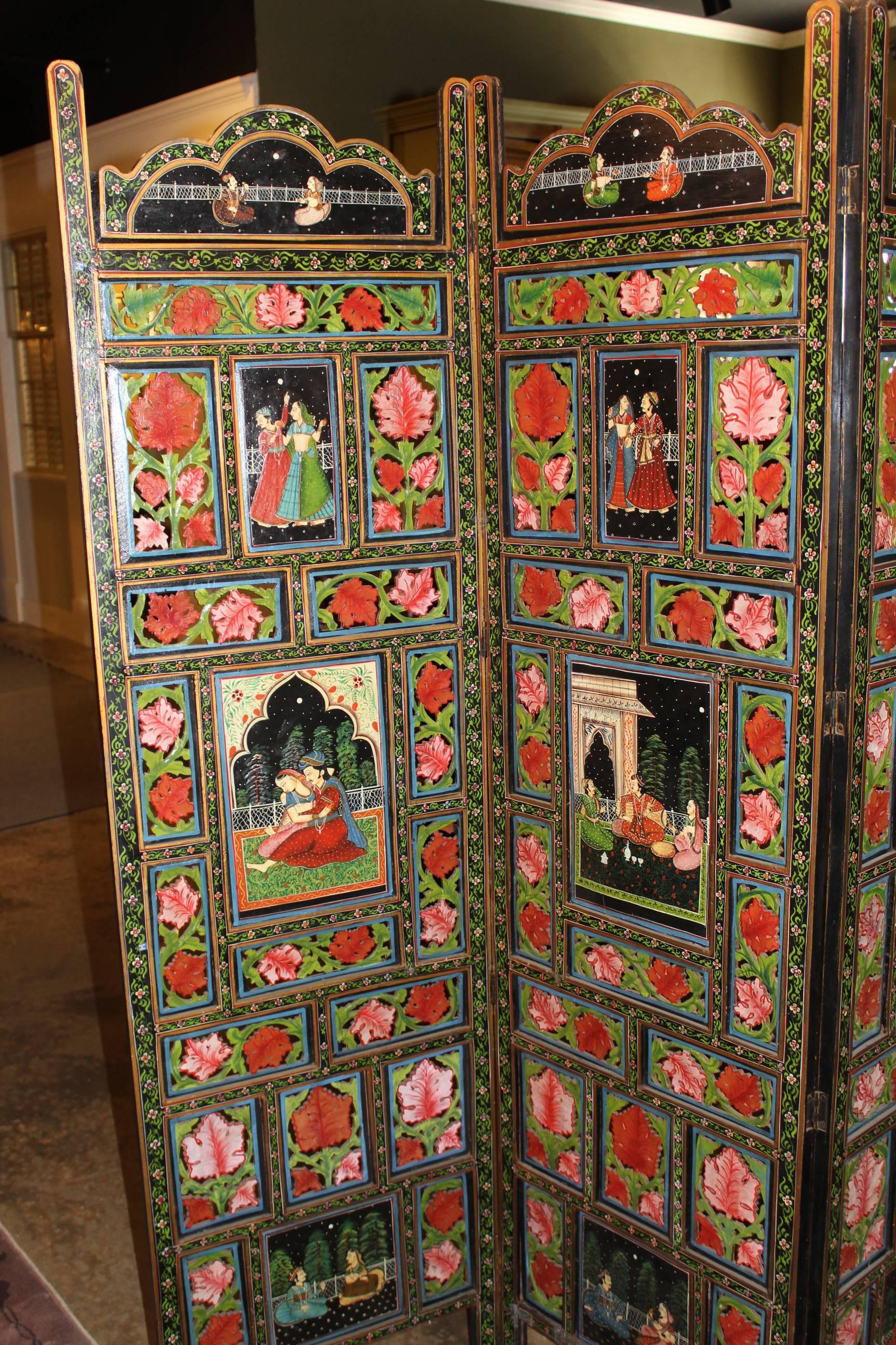 20th Century Four Panel Polychrome Hand-Painted Indian Dressing Screen