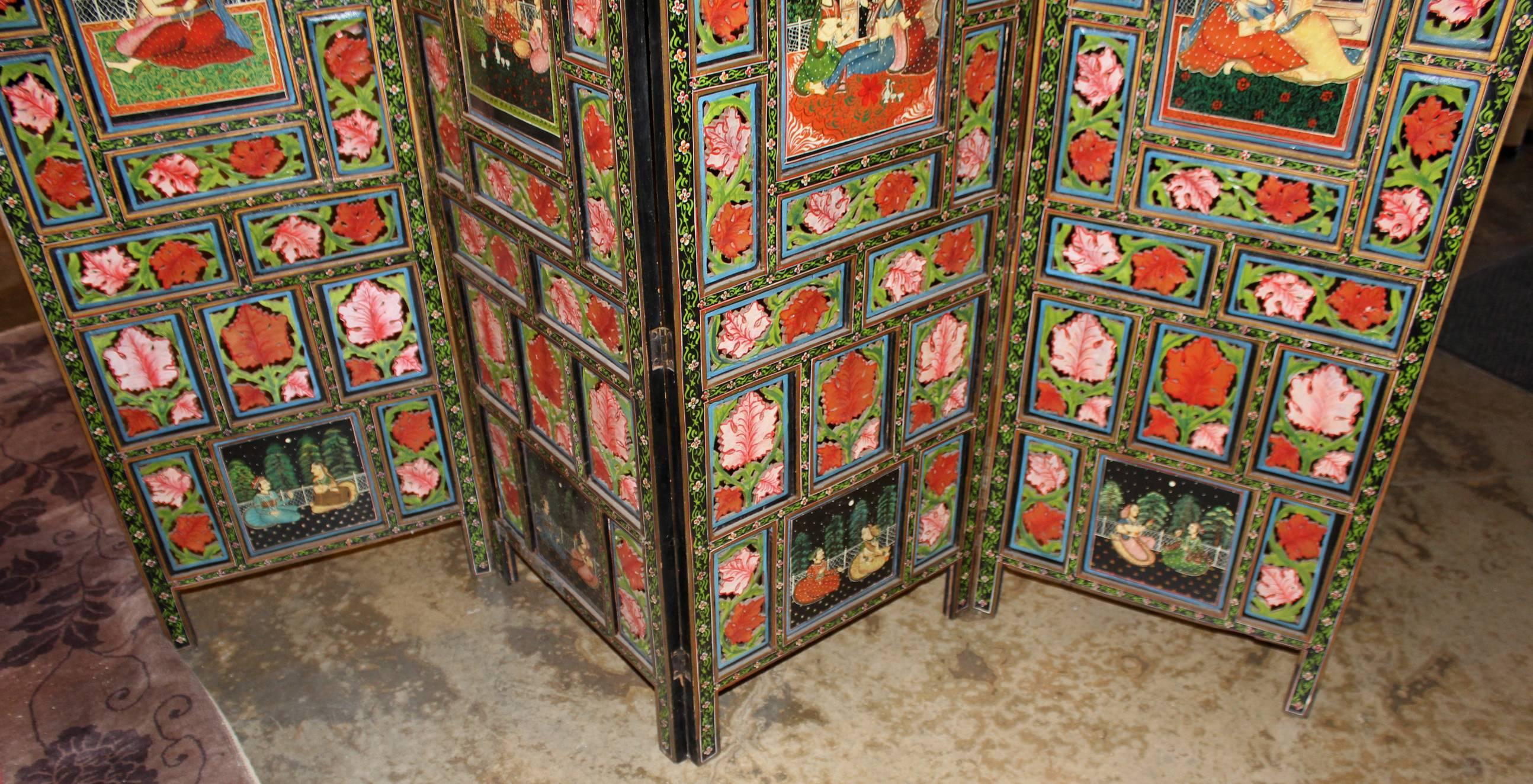 Four Panel Polychrome Hand-Painted Indian Dressing Screen 1