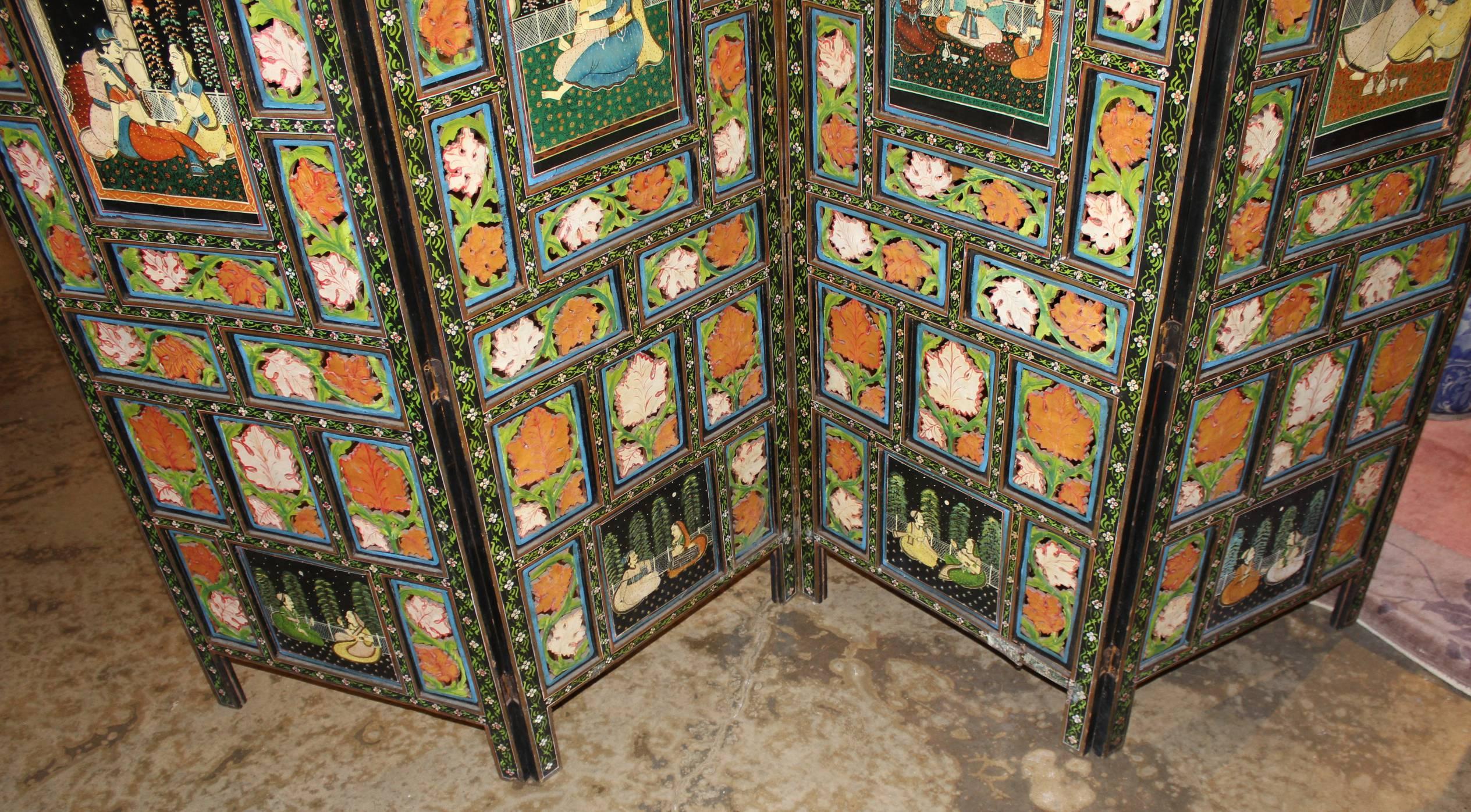 Four Panel Polychrome Hand-Painted Indian Dressing Screen 2