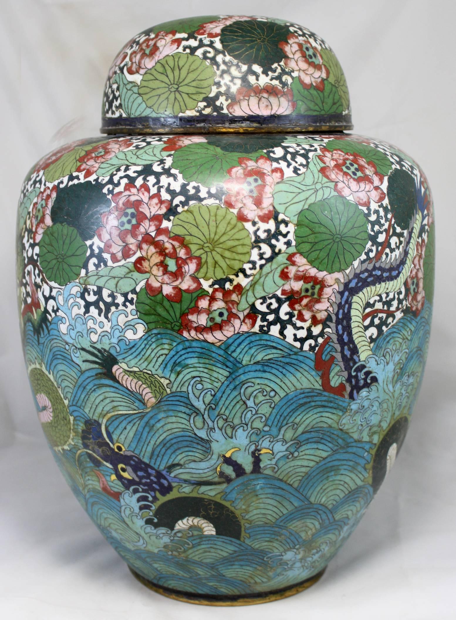 Cloissoné Large 19th Century Chinese Cloisonné Covered Jar or Urn with Sea Serpent