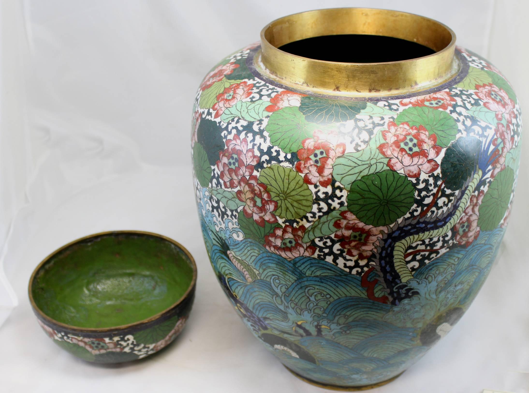 Bronze Large 19th Century Chinese Cloisonné Covered Jar or Urn with Sea Serpent