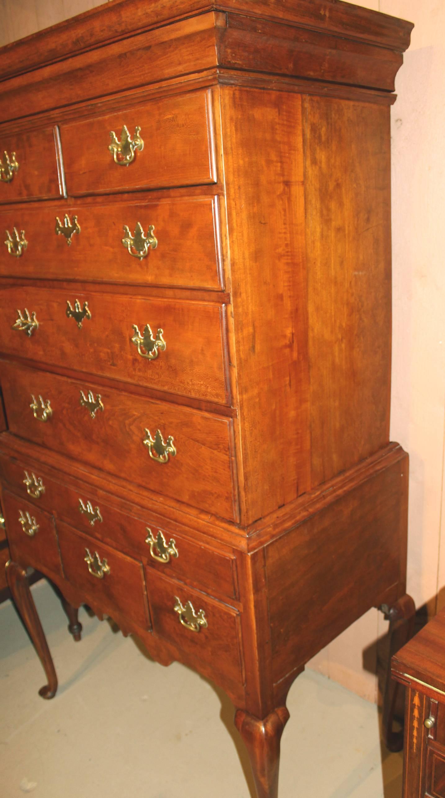 North American 18th Century New England Queen Anne Maple Flat Top Highboy with Secret Drawer