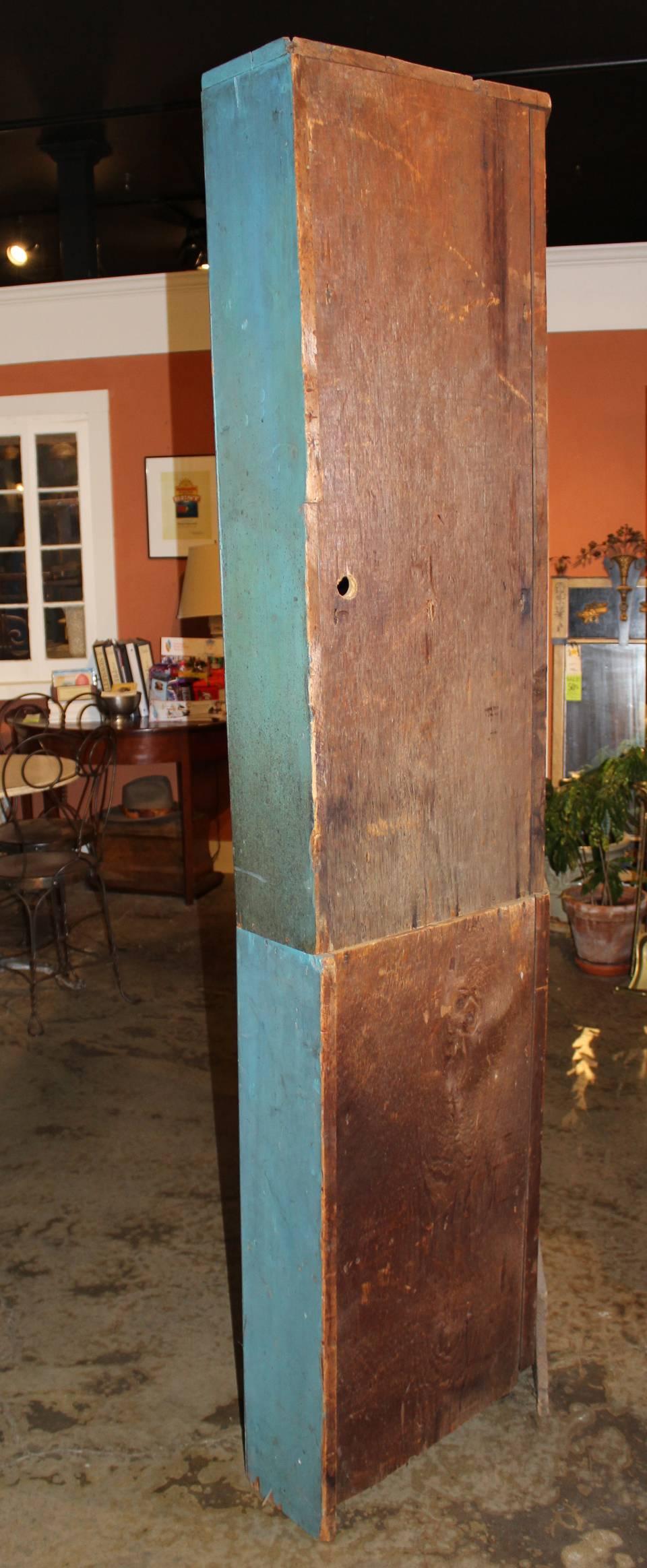 American 19th Century Two Part Corner Cupboard in Old Blue Paint