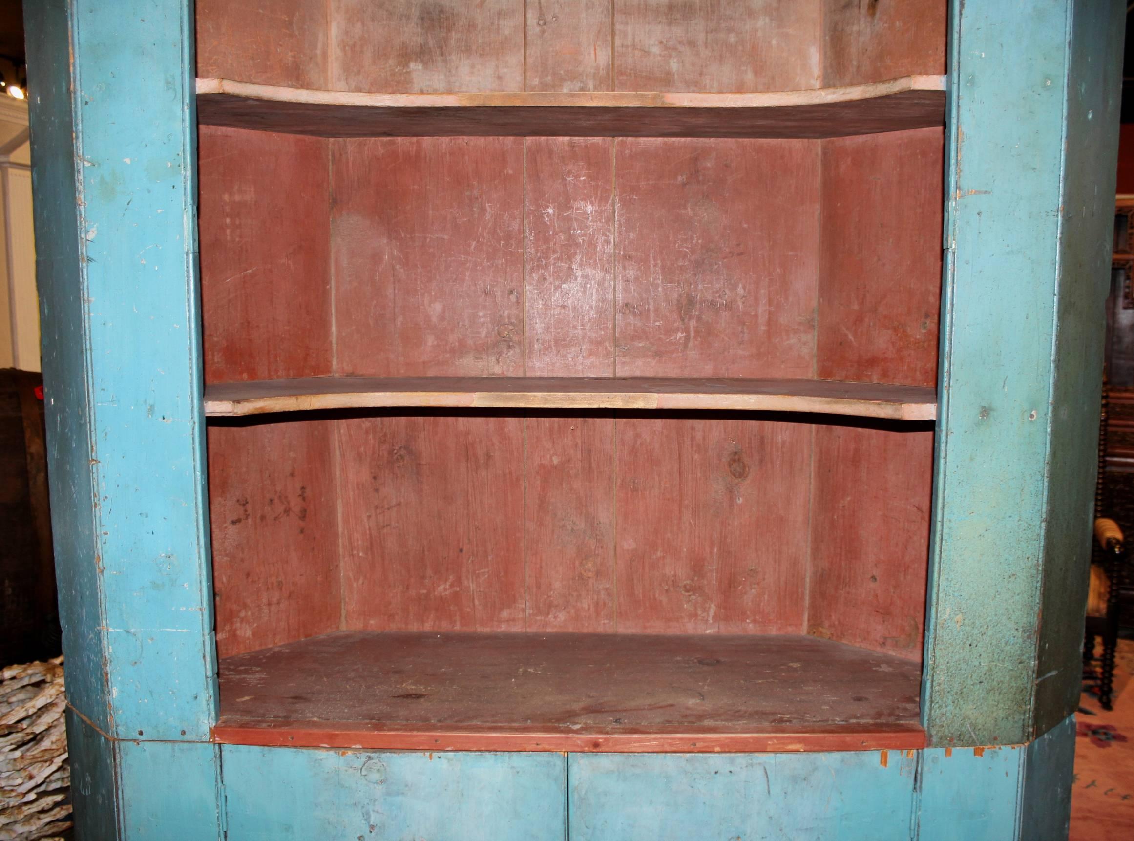 19th Century Two Part Corner Cupboard in Old Blue Paint In Good Condition In Milford, NH