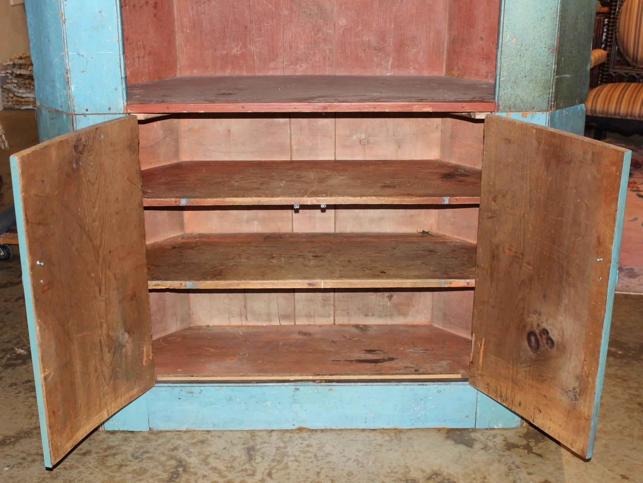 19th Century Two Part Corner Cupboard in Old Blue Paint 1