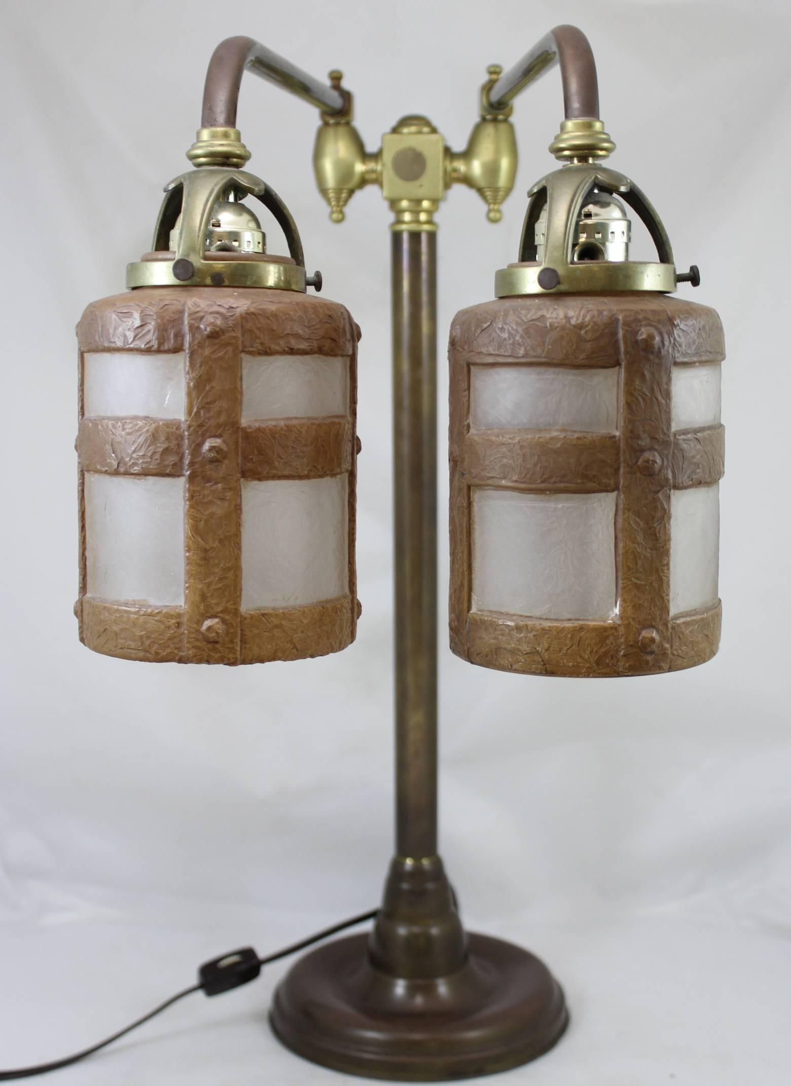 American Handel Arts & Crafts Signed Double Student Lamp with Chipped Ice Glass Shades
