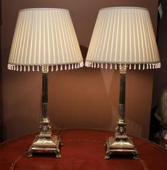 Pair of Edwardian Sheffield Corinthian Column Lamps with Custom Shades