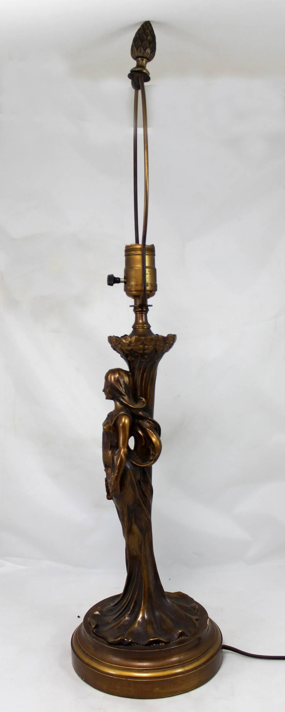 Patinated Paul Louchet Foundry French Bronze Figural Art Nouveau Table Lamp