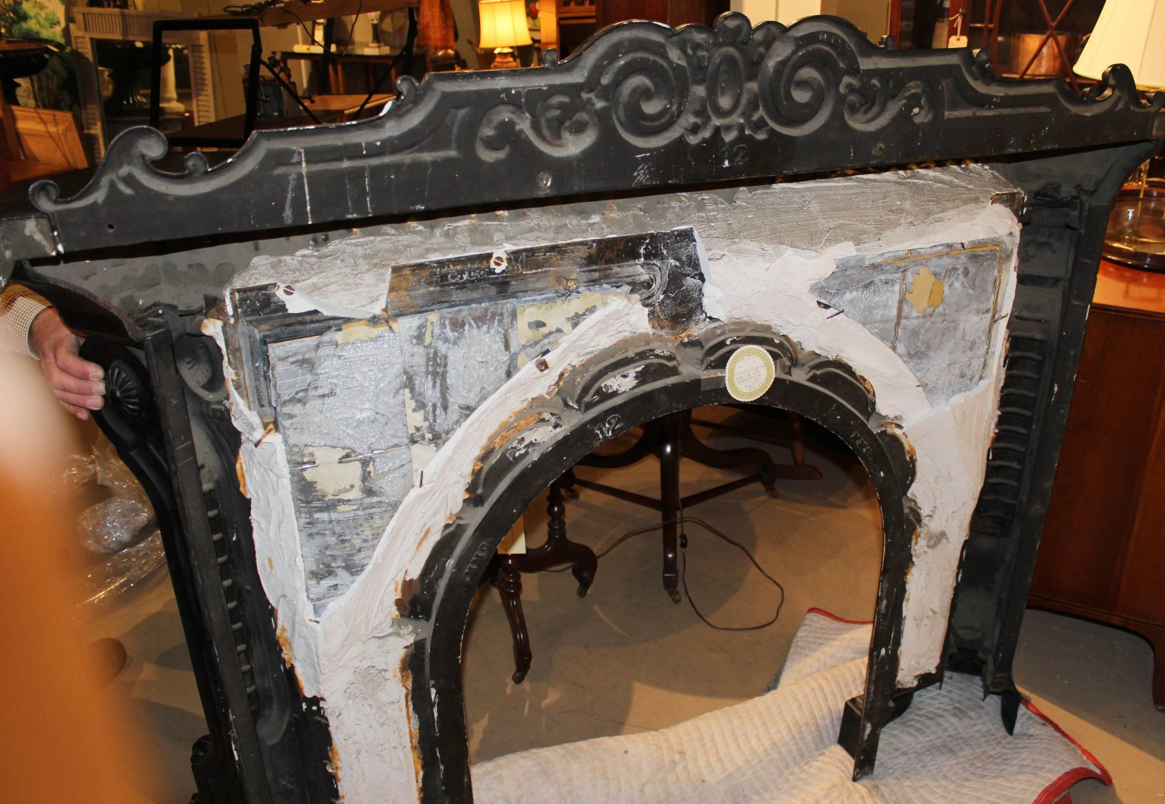 19th Century Exceptional Hiram Tucker Boston MA Cast Iron Fireplace Mantel with Églomisé For Sale
