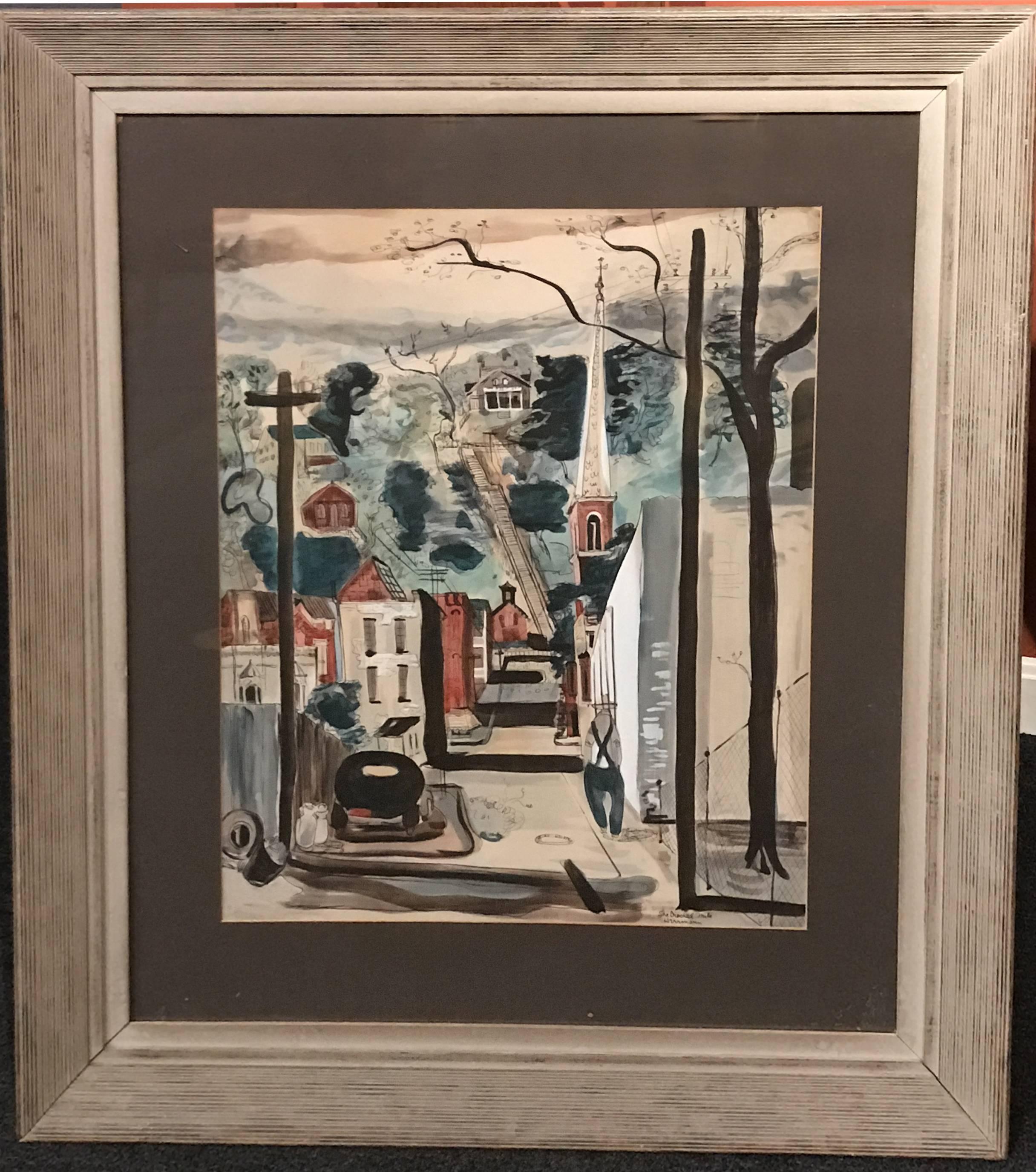 This exceptional cityscape print in Gallenas, Illinois was painted by American artist Edward Herrmann (1914-2012). Herrmann was born in Ft. Wayne, Indiana and was educated as a mechanical engineer for three years at Purdue, Indiana and Penn State
