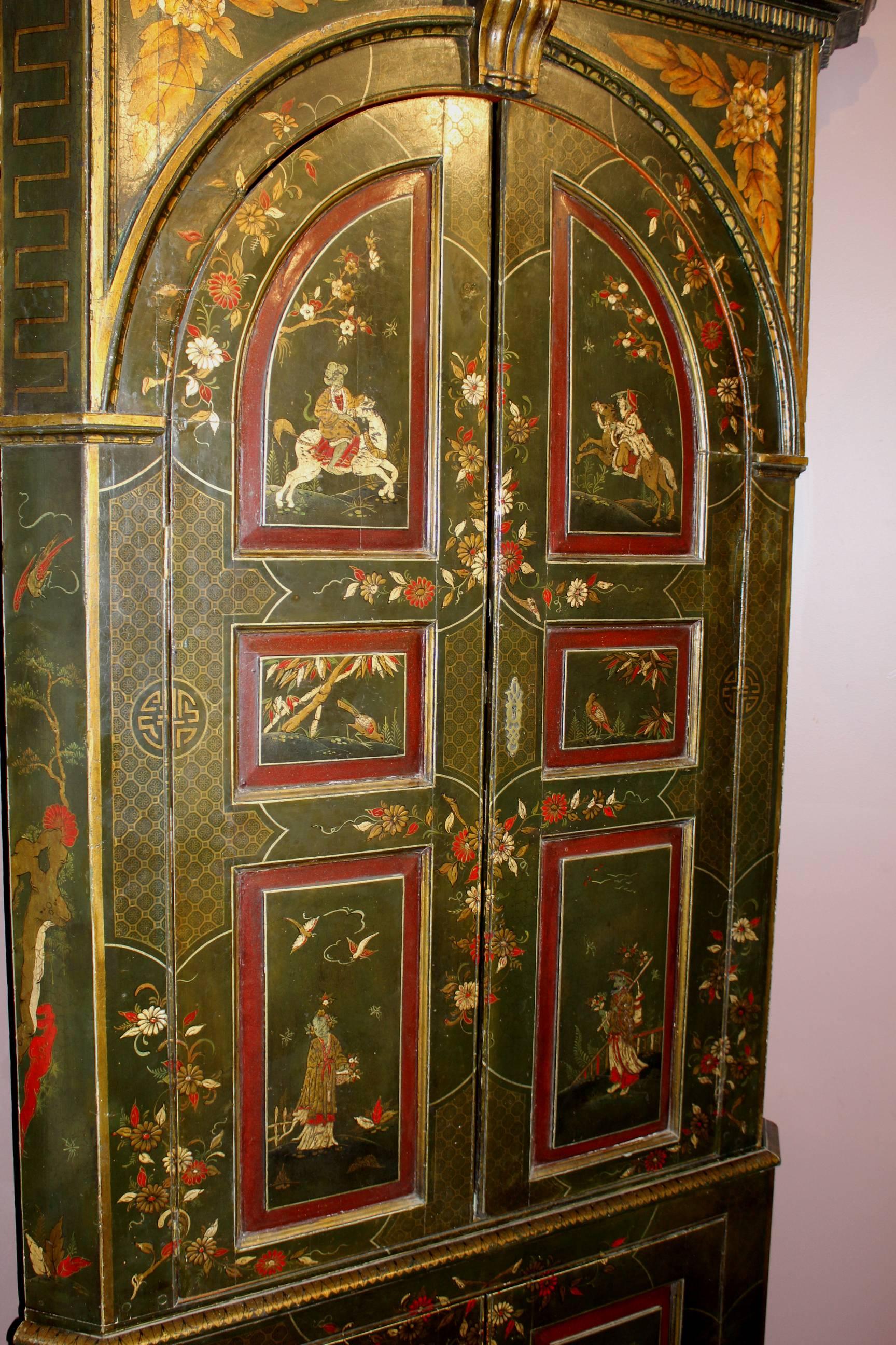 Hand-Painted Exceptional George III Chinoiserie Two-Part Corner Cupboard For Sale