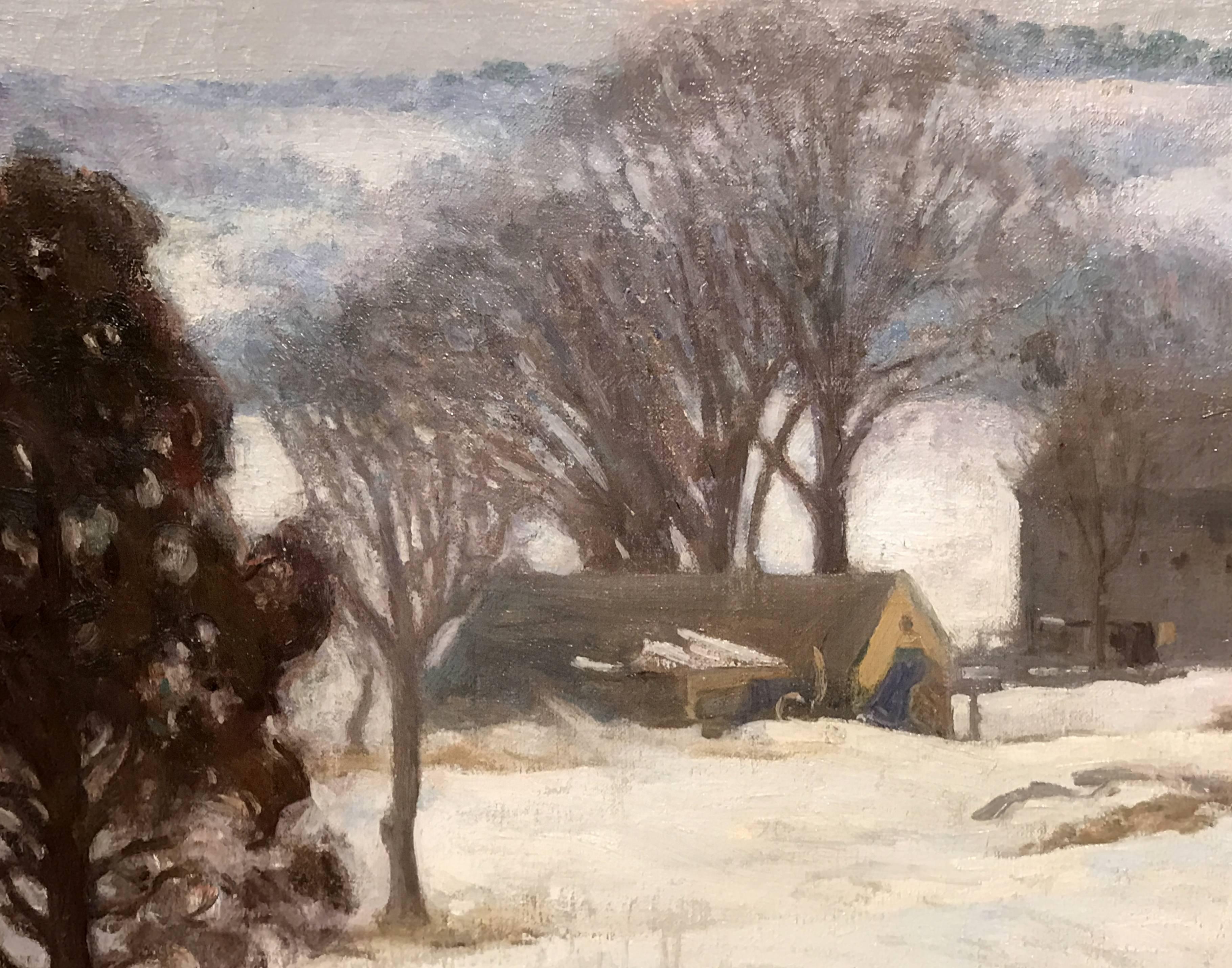 American Harold C. Dunbar Oil Painting Winter Landscape with Figures