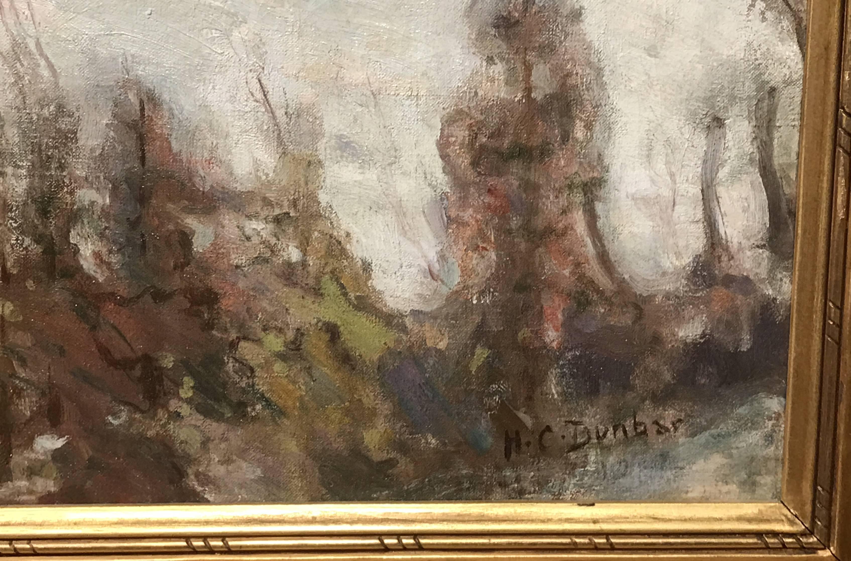 Harold C. Dunbar Oil Painting Winter Landscape with Figures In Excellent Condition In Milford, NH