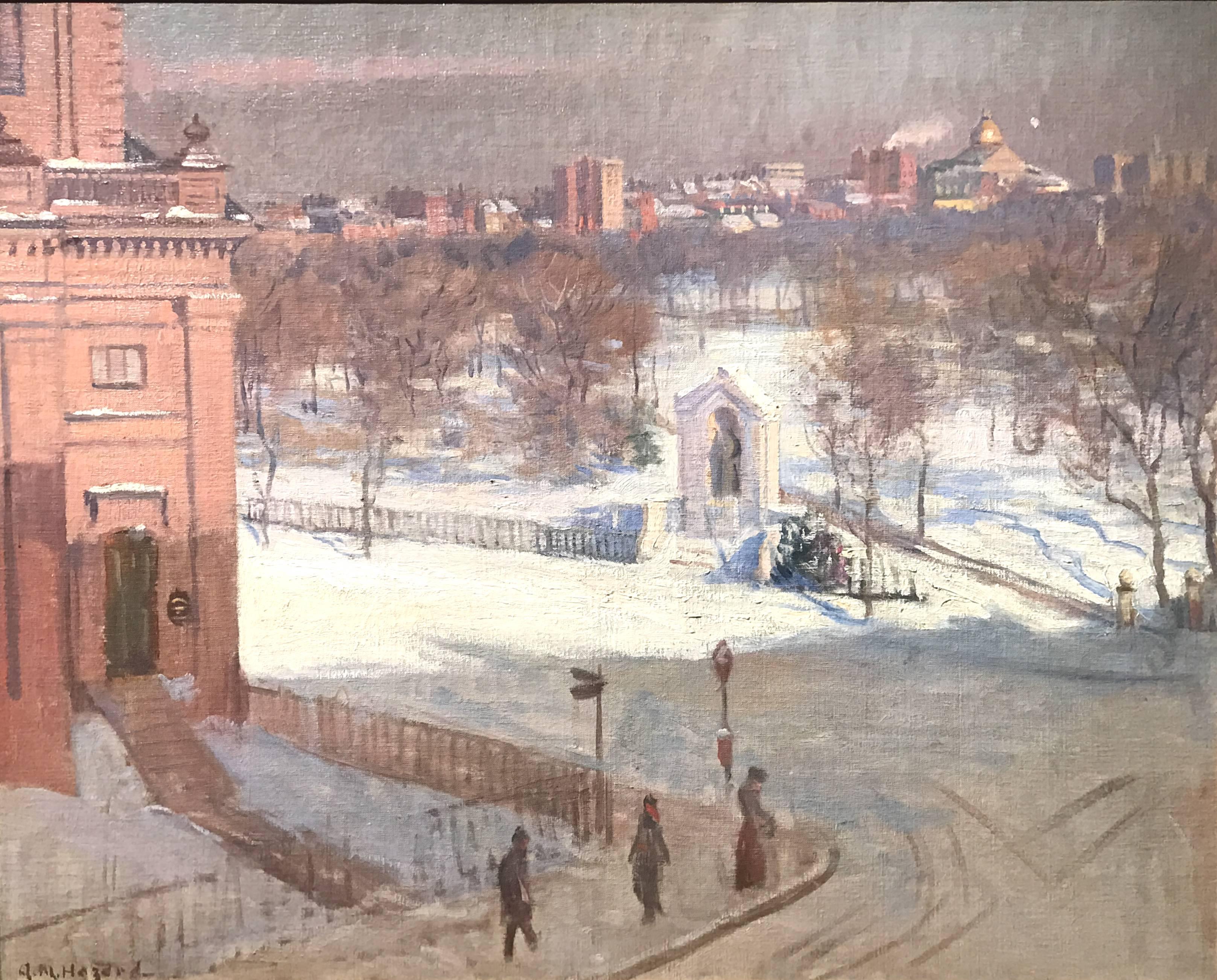 An exceptional impressionist cityscape of Boston Common with a view of the State House from Boylston Street by American artist Arthur Merton Hazard (1872-1930). Hazard was born in North Bridgewater, MA on Oct. 20, 1872, studied art Cowles Art School