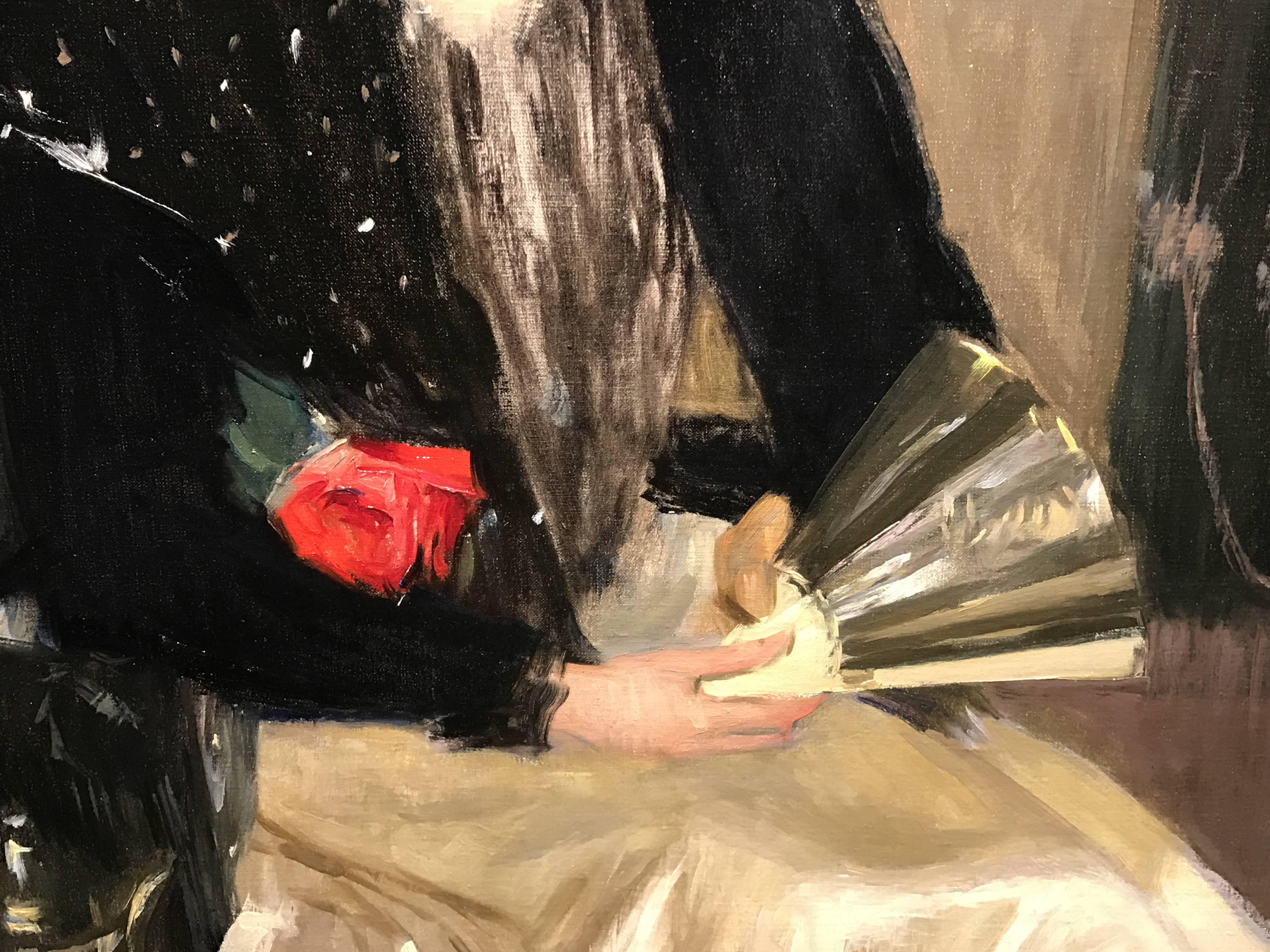 Hand-Painted Louise Williams Jackson Oil Painting Portrait of a Woman with Fan and Rose