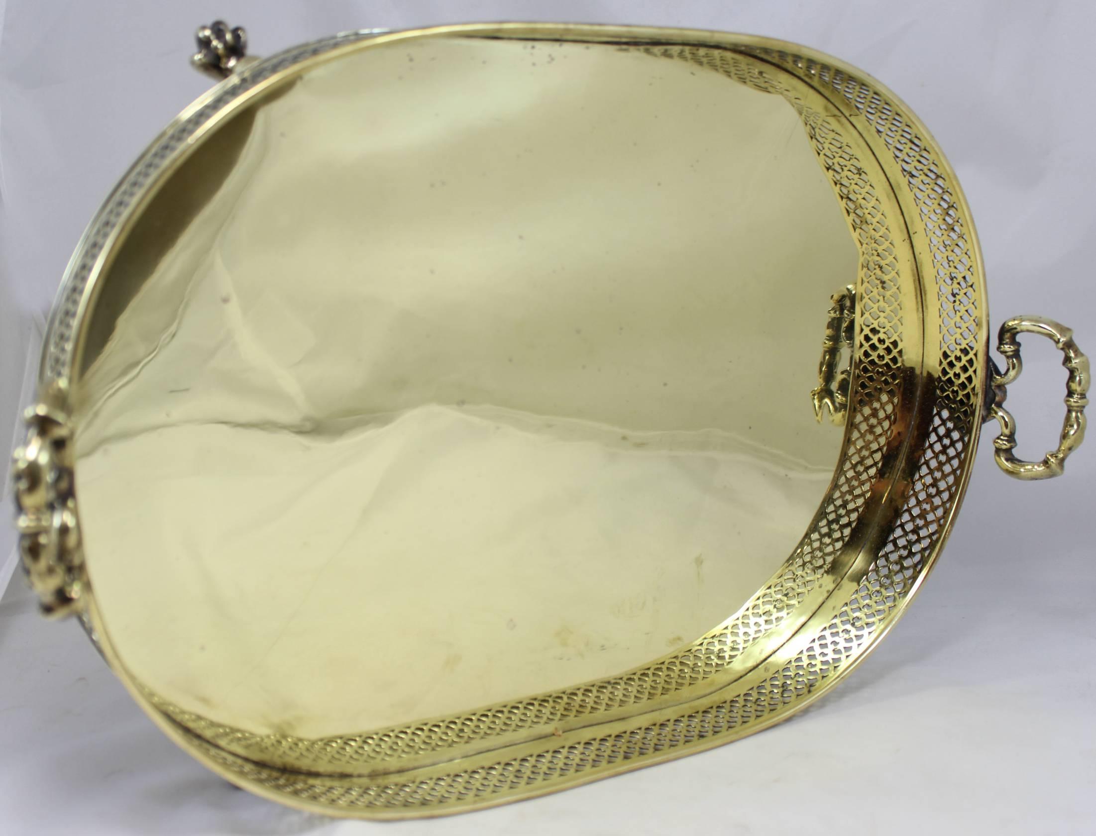 Hand-Crafted Rare George III Brass Tray with Figural Handles and Pierced Gallery