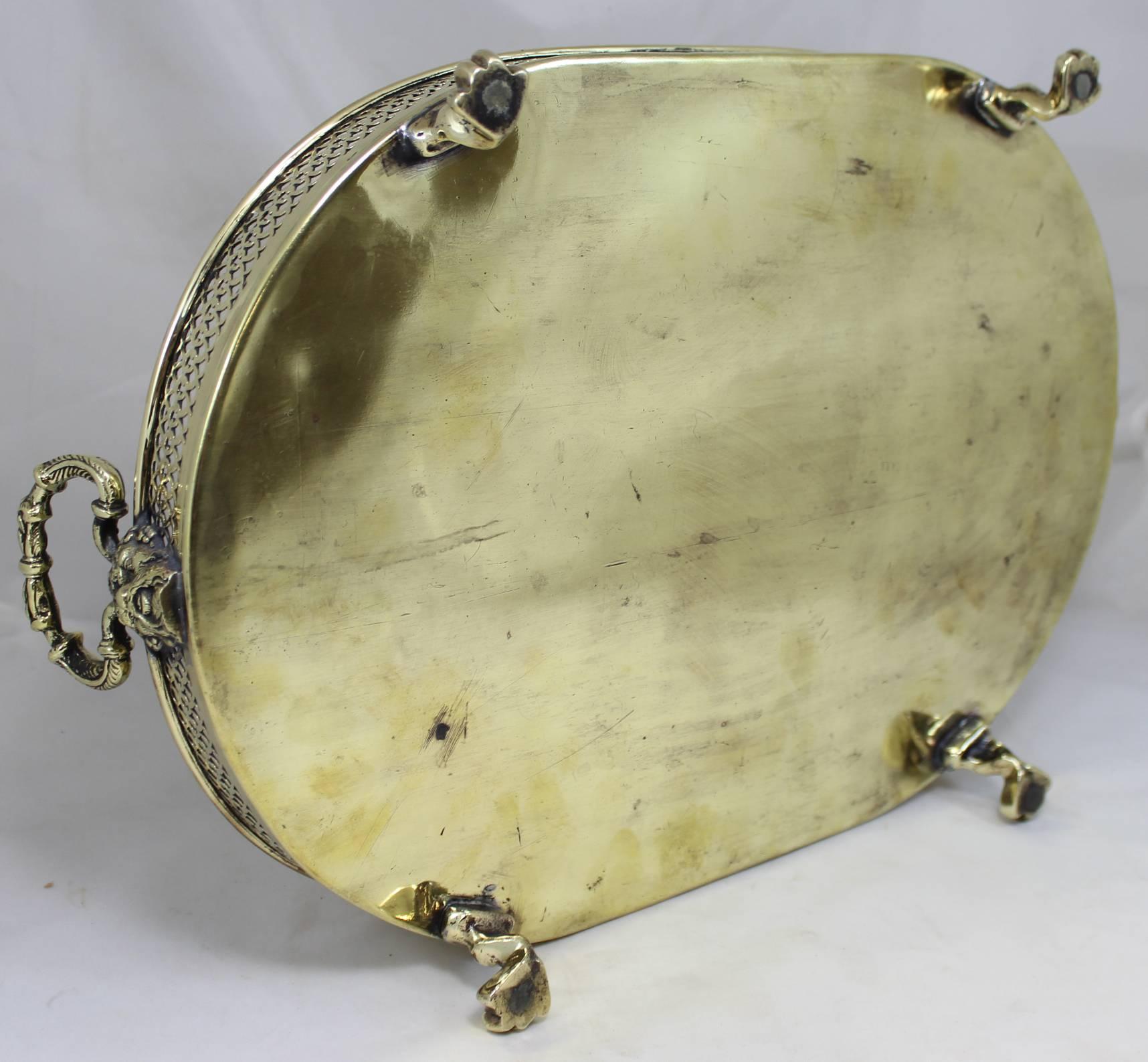 Rare George III Brass Tray with Figural Handles and Pierced Gallery In Excellent Condition In Milford, NH