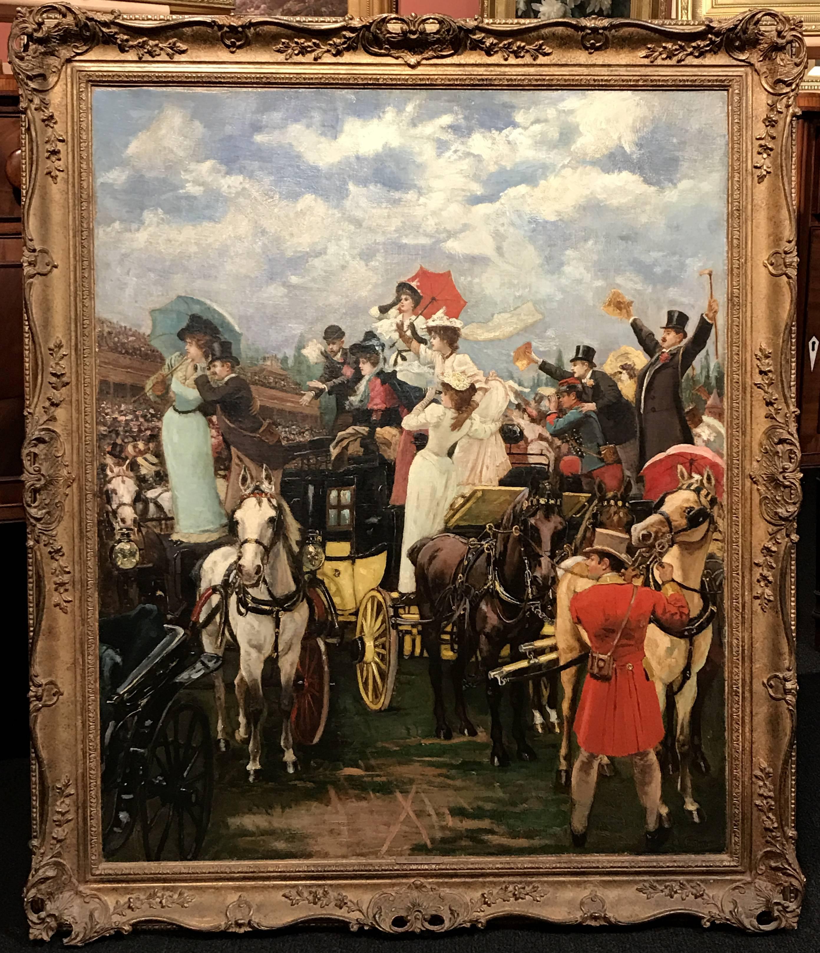 This exceptional oil painting of the Royal Ascot in England was done by Austrian genre and portrait artist Gustave Wertheimer (1847-1904). Born in Vienna, Austria, Wertheimer began his studies at the Academy of Fine Arts in Vienna with Joseph Von