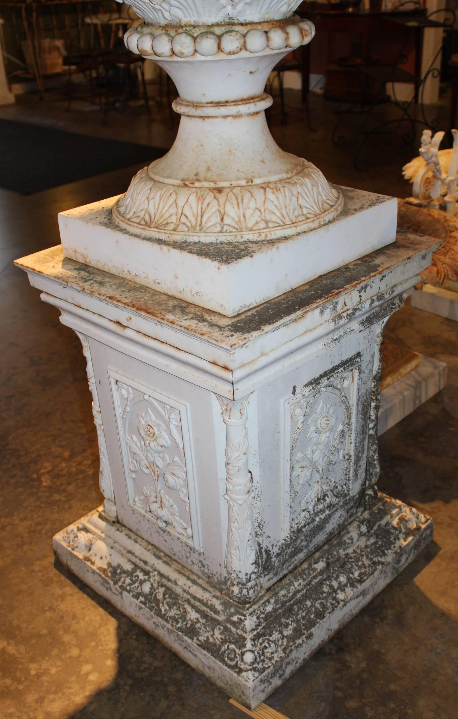 19th Century Monumental Pair of Victorian Iron Urns on Plinths