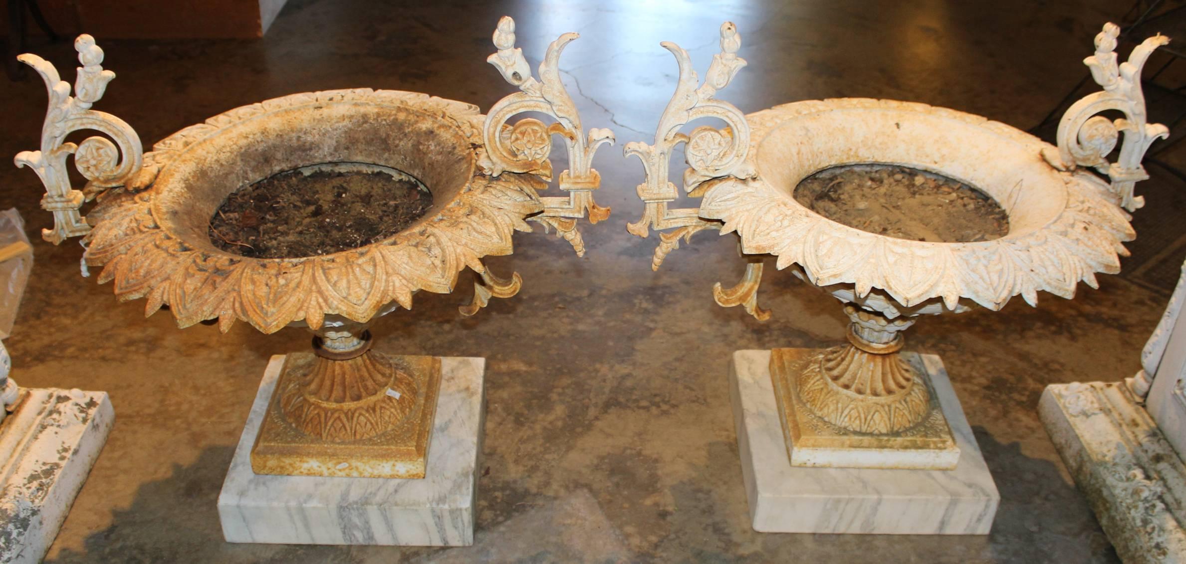 19th Century Pair of J.W. Fiske NY Signed Victorian Iron Urns on Marble Bases, circa 1874