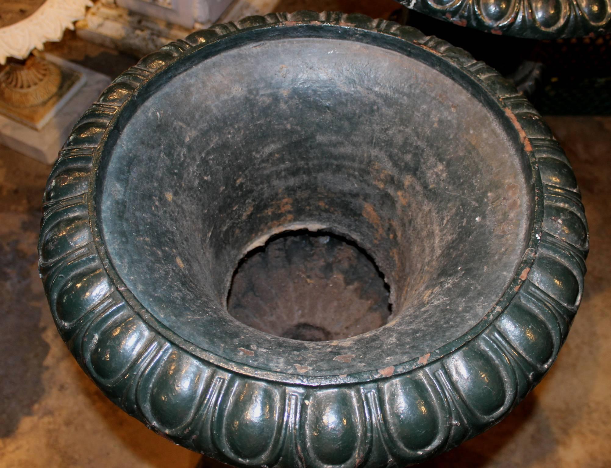 Pair of Green Painted Victorian Iron Urns on Attached Bases 1