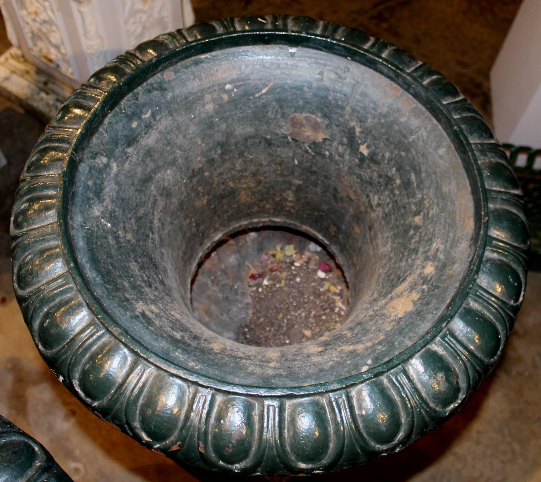 Pair of Green Painted Victorian Iron Urns on Attached Bases 2
