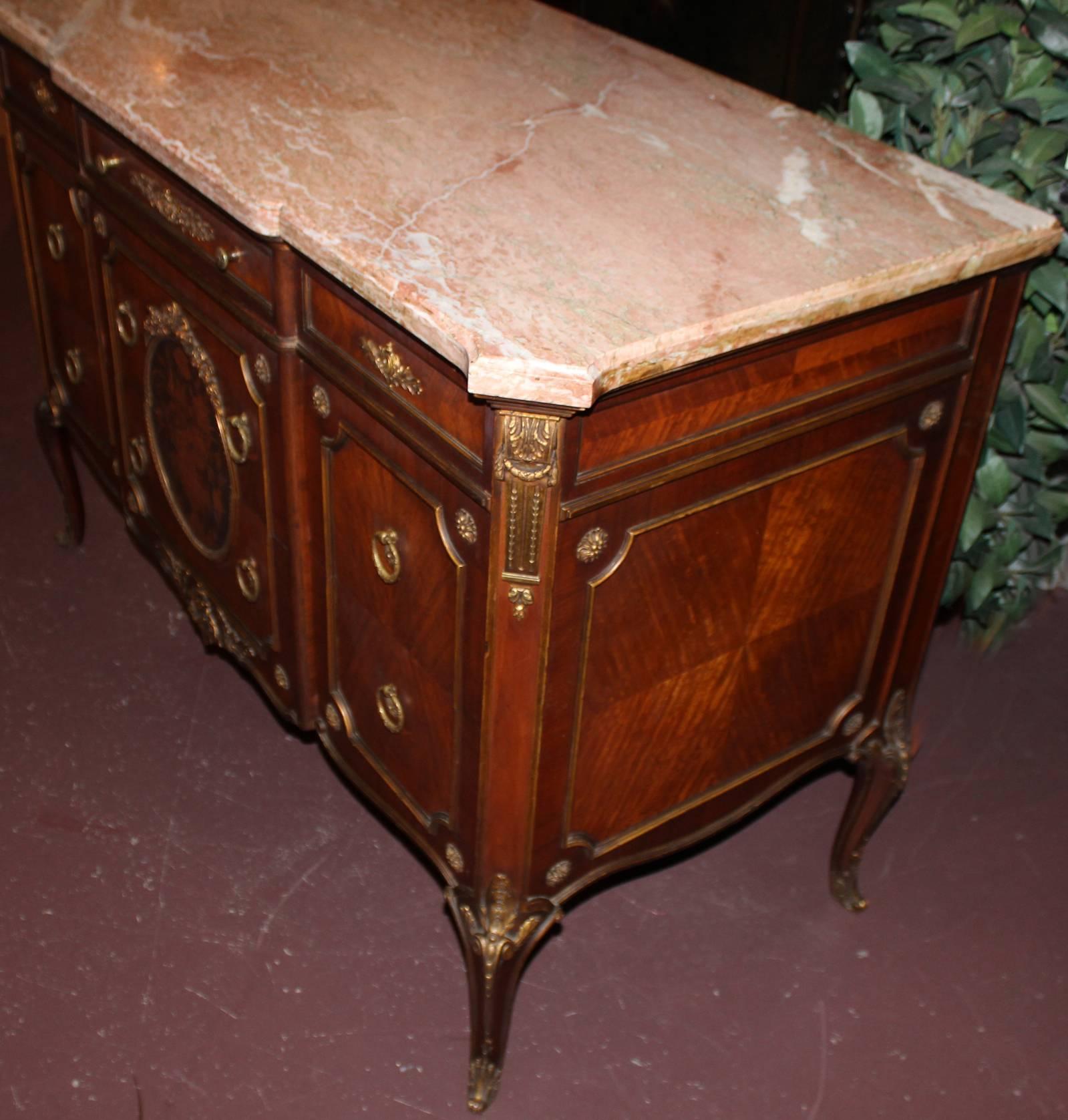French Louis XV Style Kingwood Parquetry Inlaid Commode or Chest with Rouge Marble Top